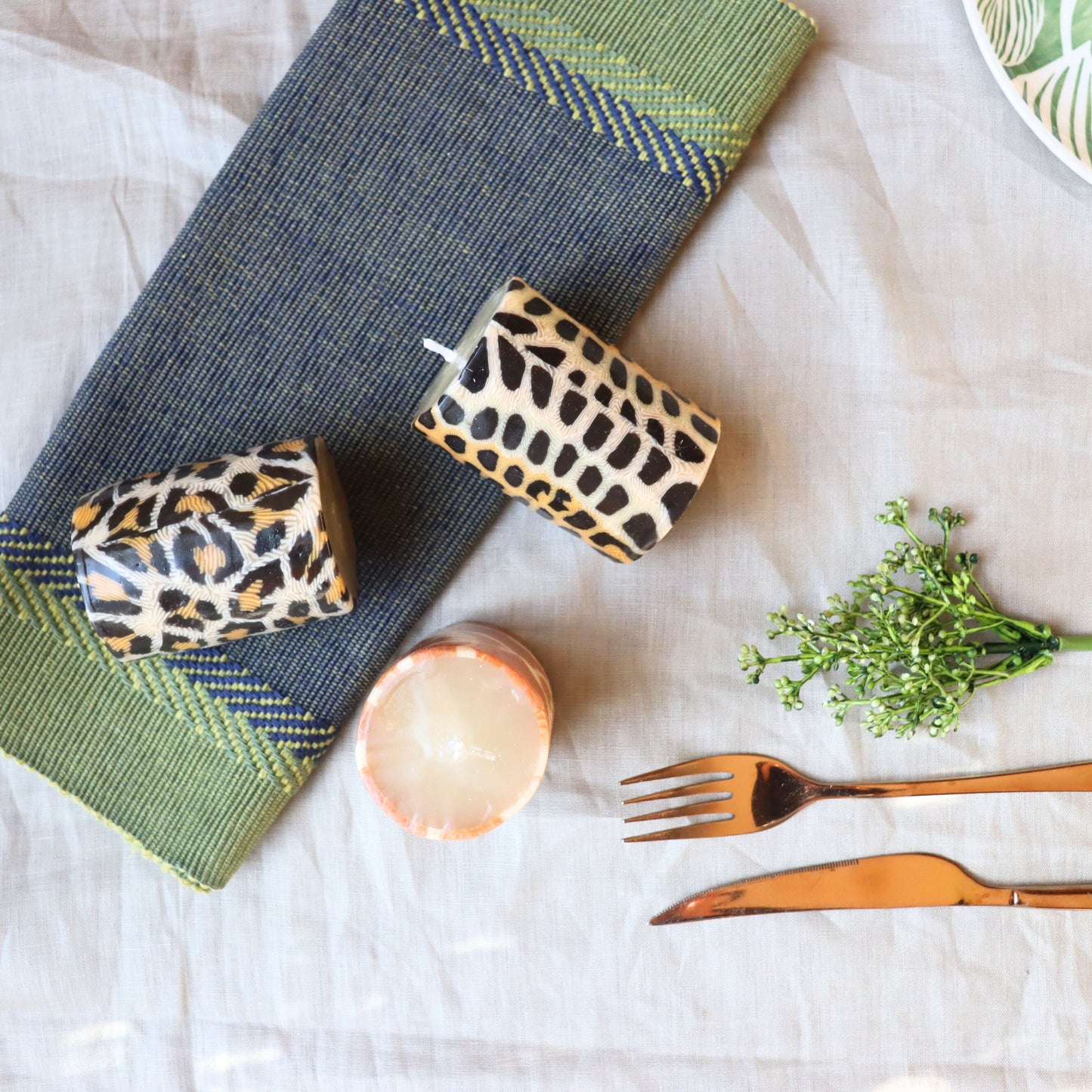 Animal Print Pillar Candles - Set of 3, Safari Jungle 7 cm, Fair Trade, Ethical - Aksa Home Decor