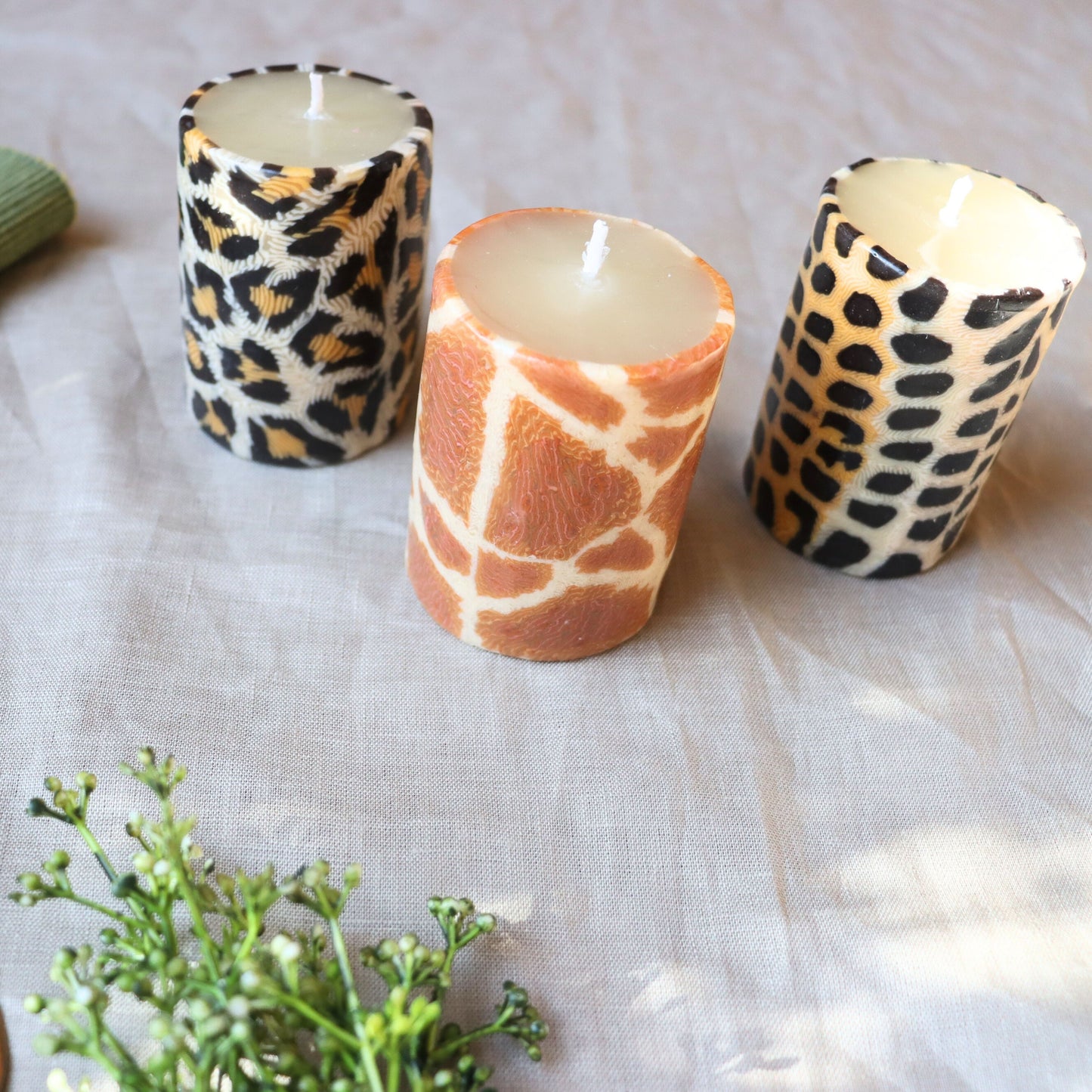 Animal Print Pillar Candles - Set of 3, Safari Jungle 7 cm, Fair Trade, Ethical - Aksa Home Decor