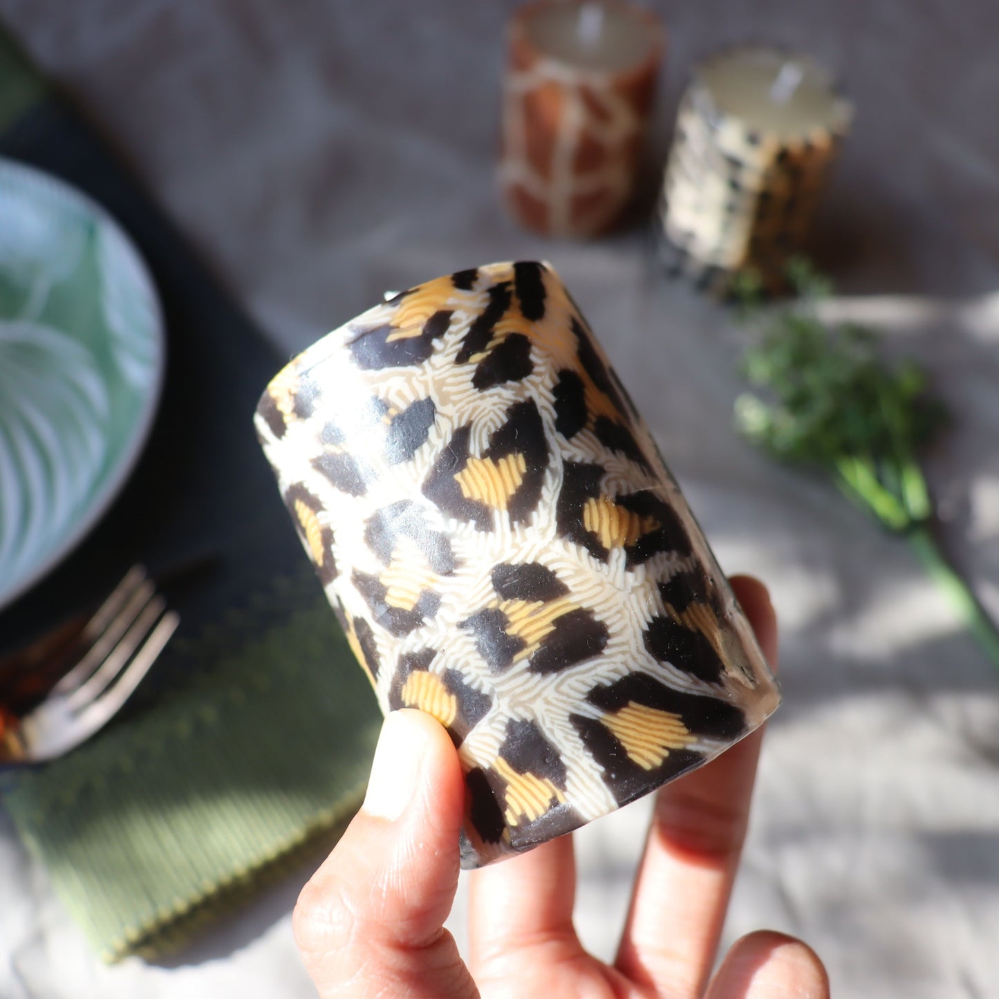 Animal Print Pillar Candles - Set of 3, Safari Jungle 7 cm, Fair Trade, Ethical - Aksa Home Decor