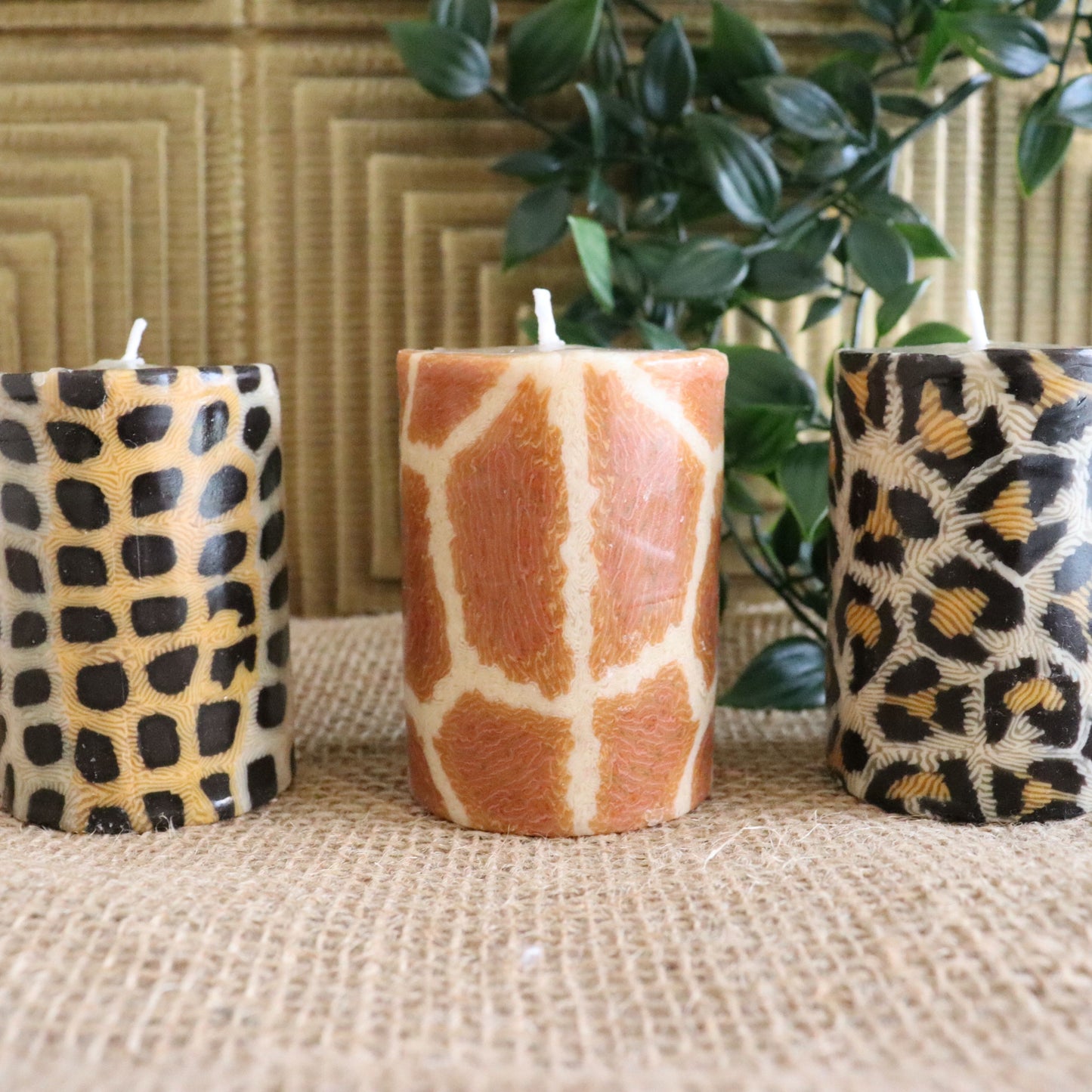 Animal Print Pillar Candles - Set of 3, Safari Jungle 7 cm, Fair Trade, Ethical - Aksa Home Decor