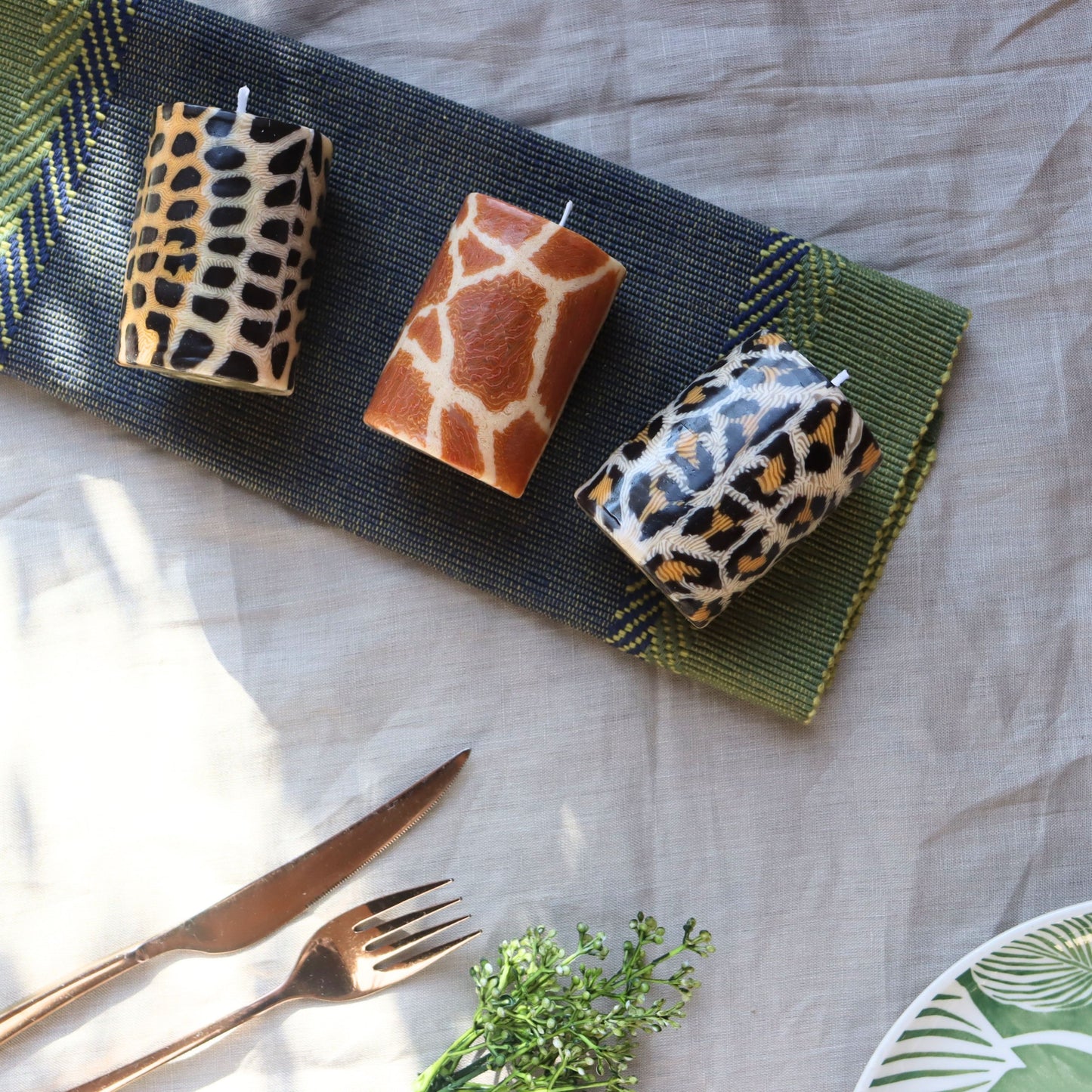 Animal Print Pillar Candles - Set of 3, Safari Jungle 7 cm, Fair Trade, Ethical - Aksa Home Decor