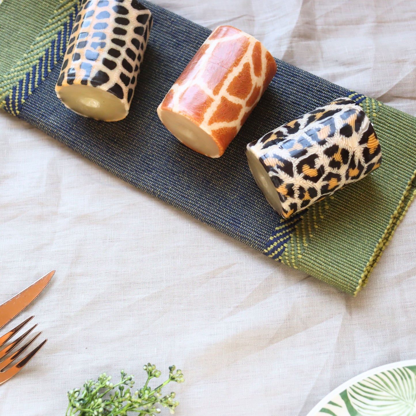 Animal Print Pillar Candles - Set of 3, Safari Jungle 7 cm, Fair Trade, Ethical - Aksa Home Decor