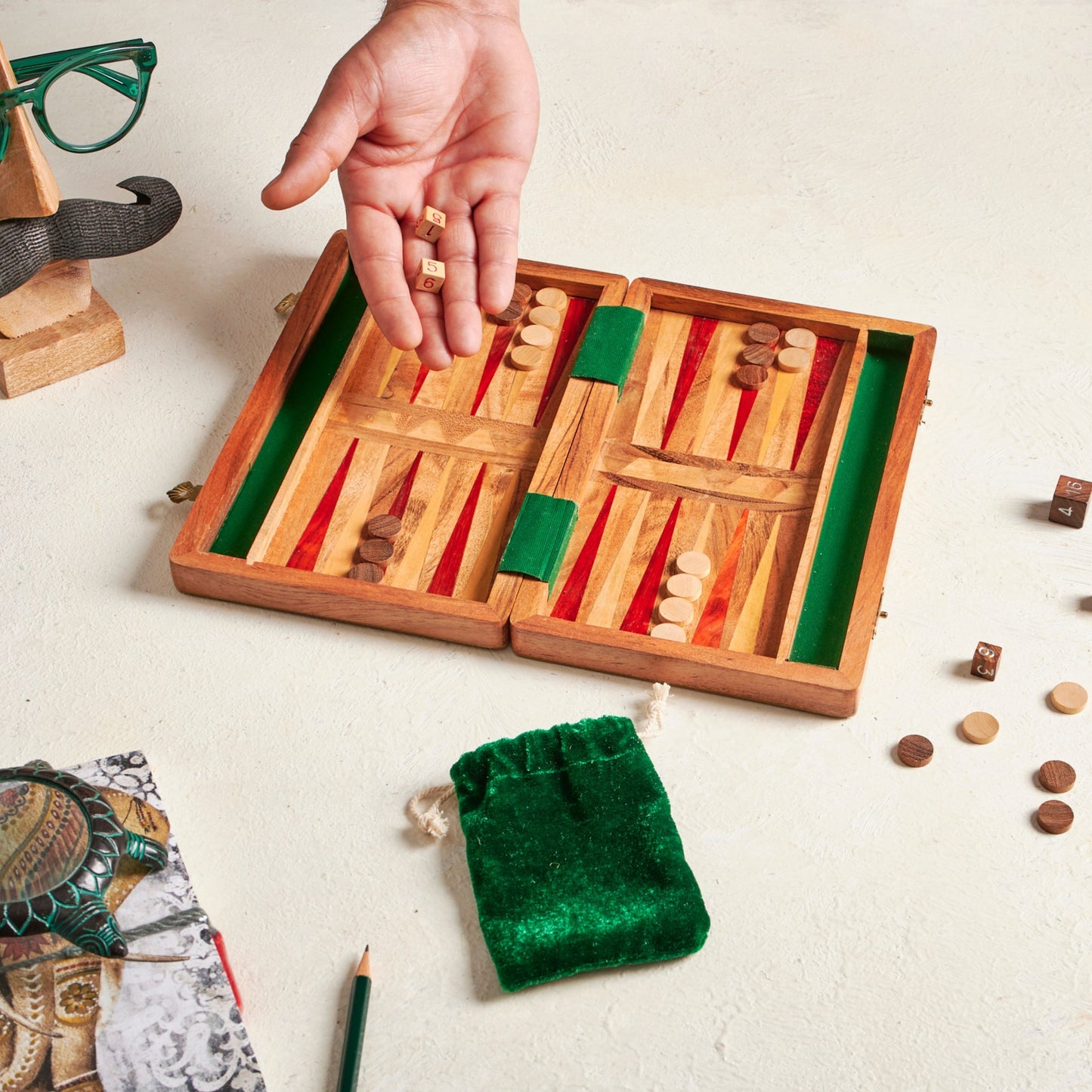 Backgammon Board Game Travel Wooden Set, Portable Handcrafted Strategy Game - Aksa Home Decor