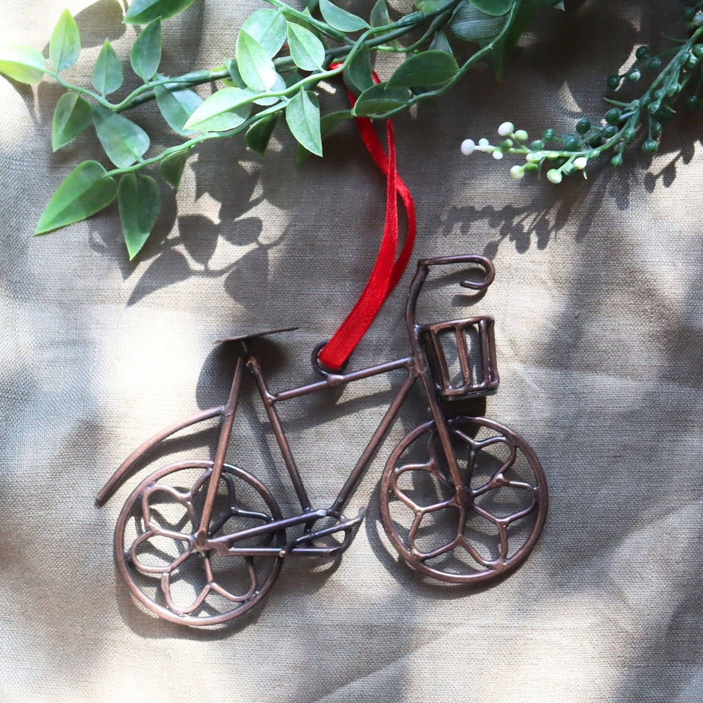 Handmade Bicycle Ornament - Red Ribbon, Bike with Basket, Xmas Decor - Aksa Home Decor