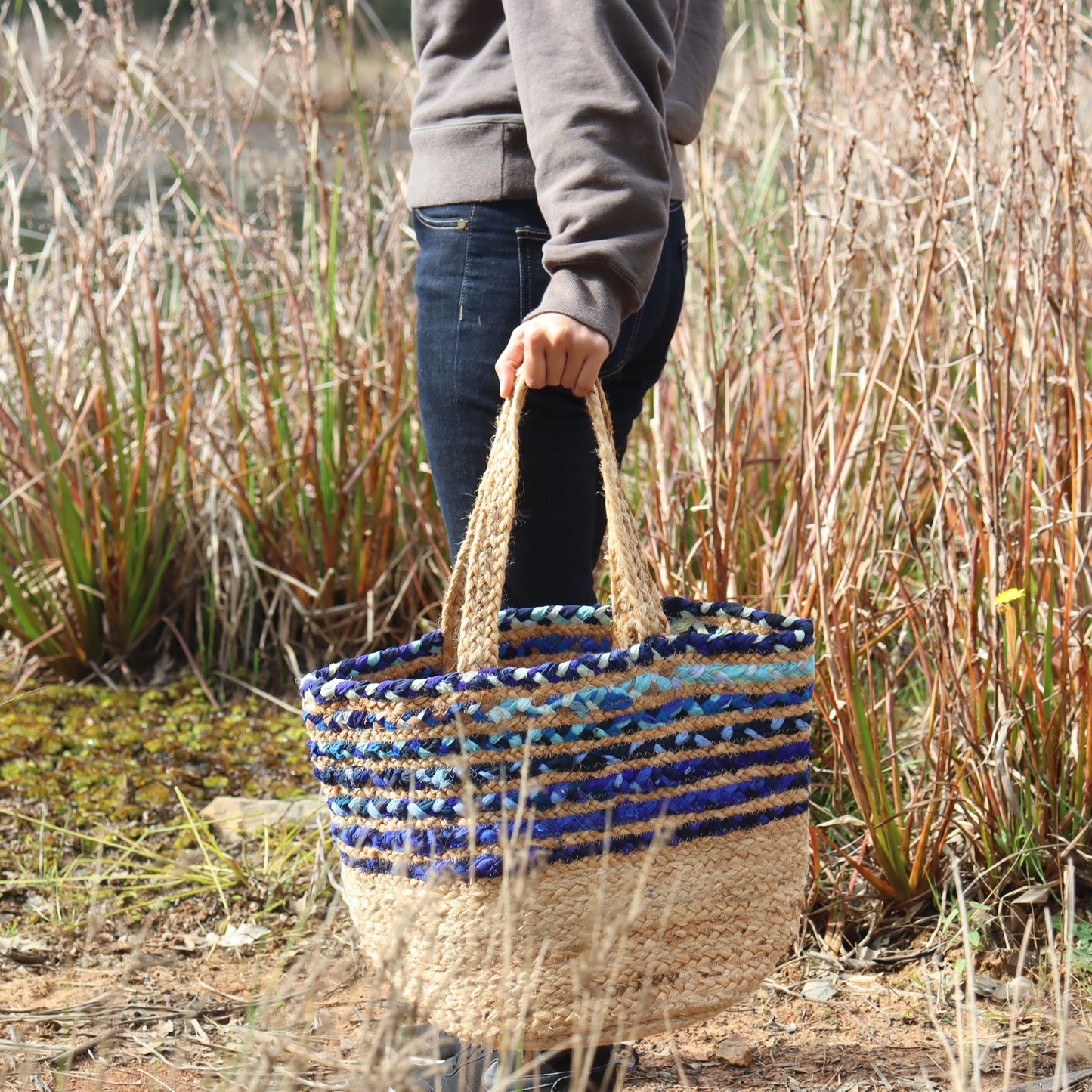 Blue Cloth & Jute Tote Bag, Handmade Upcycled Everyday Grocery Bag - Aksa Home Decor