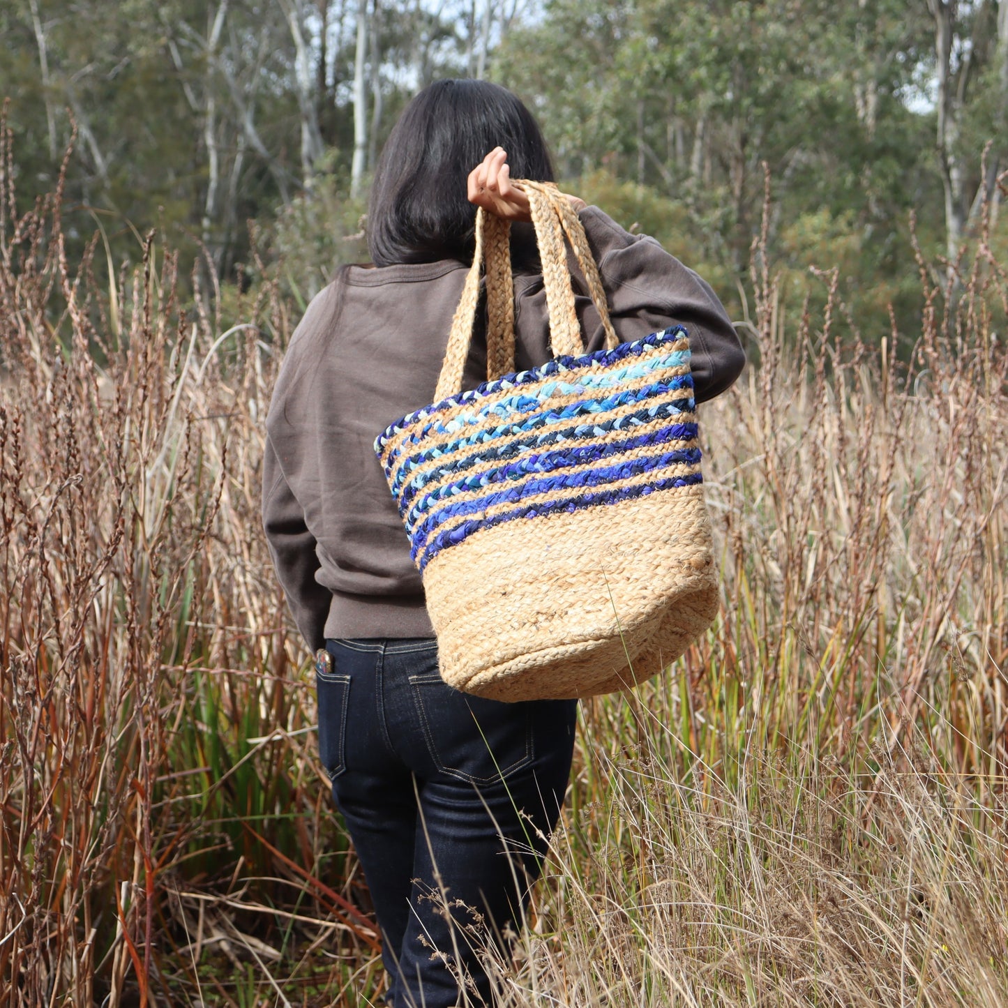 Blue Cloth & Jute Tote Bag, Handmade Upcycled Everyday Grocery Bag - Aksa Home Decor