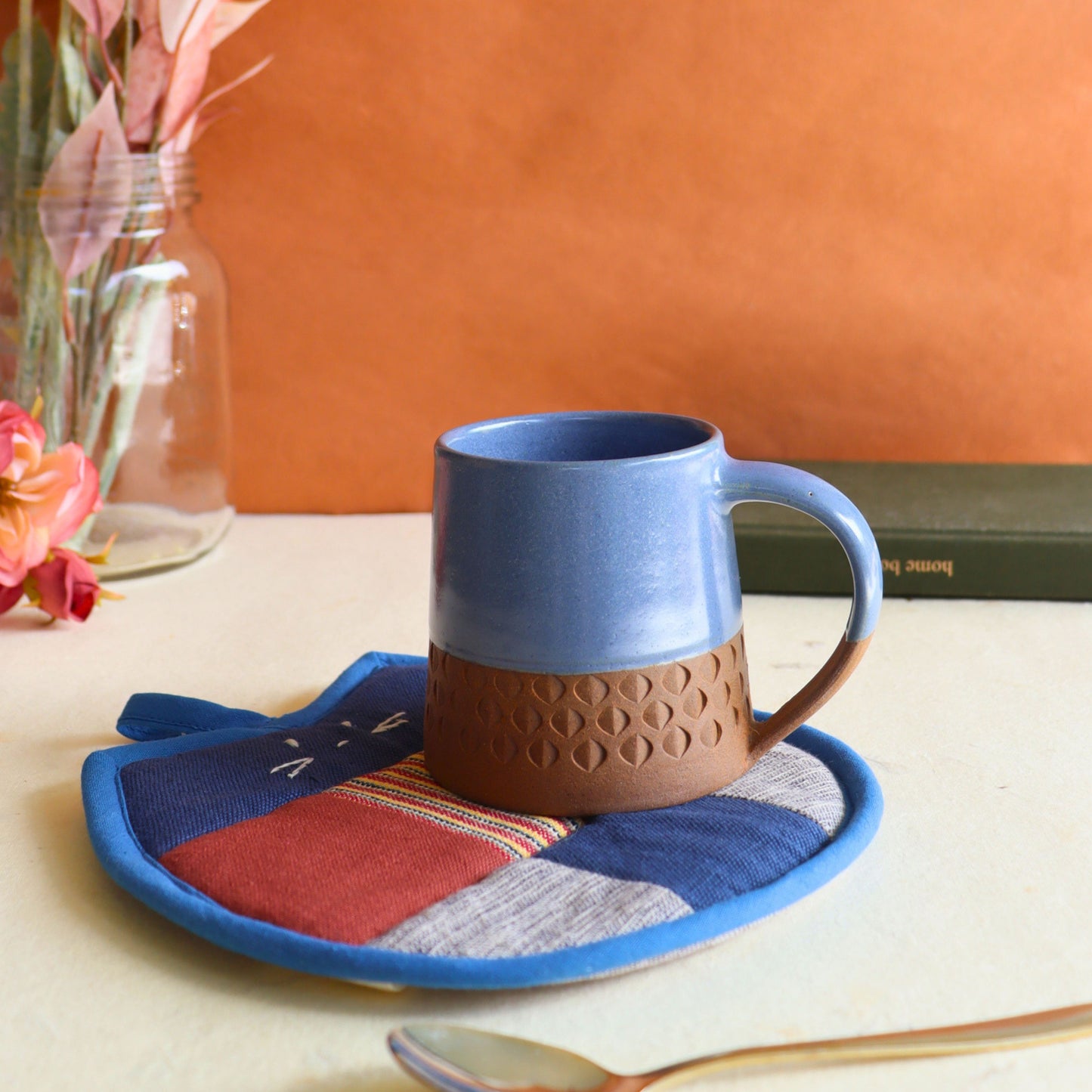 Blue Glazed Ceramic and Terracotta Mug - 400 ml Hand-Thrown Stoneware - Aksa Home Decor