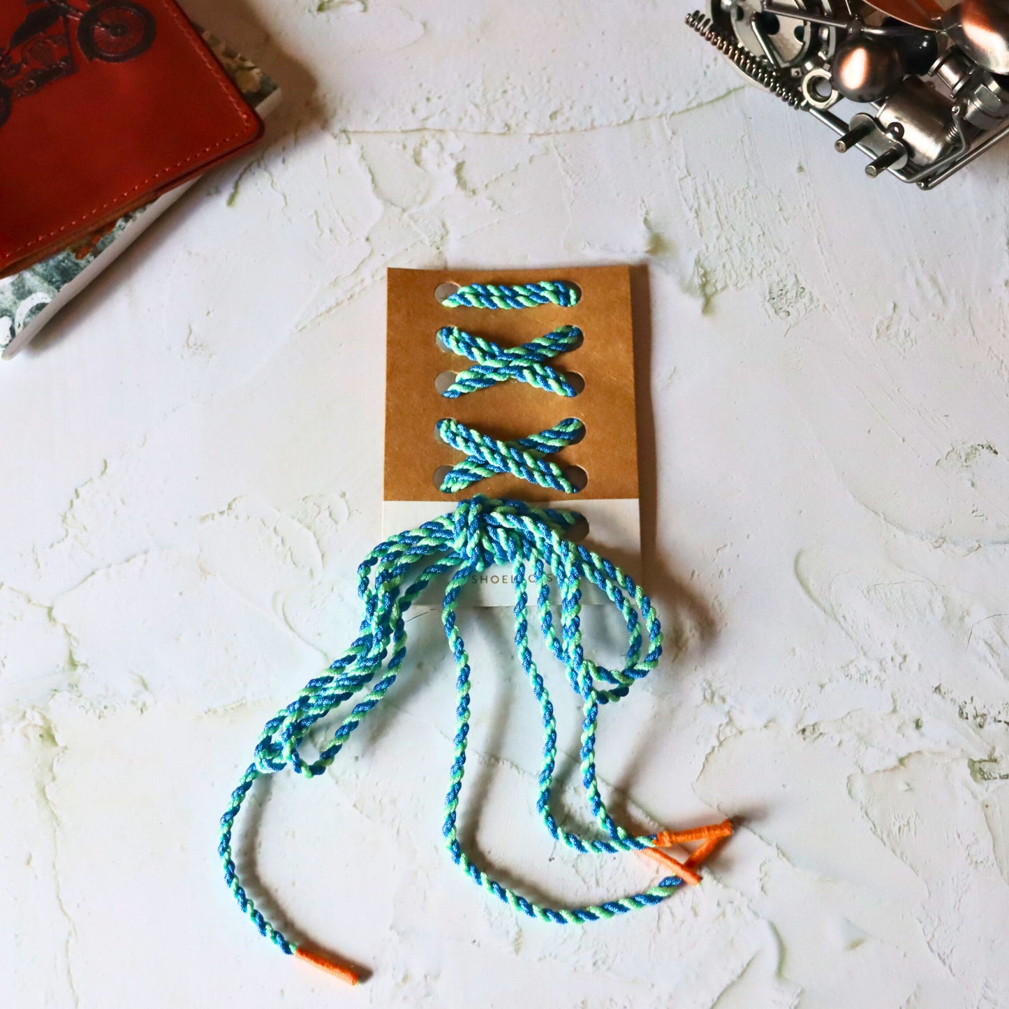 Blue & White Braided Shoelaces with Orange Aglet, Coloured Shoestrings - Aksa Home Decor