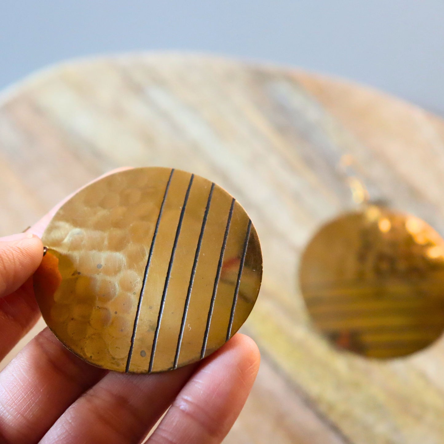Statement Disc Round Hoop Brass Earrings, Hammered, Earthy Look, Classic Style - Aksa Home Decor