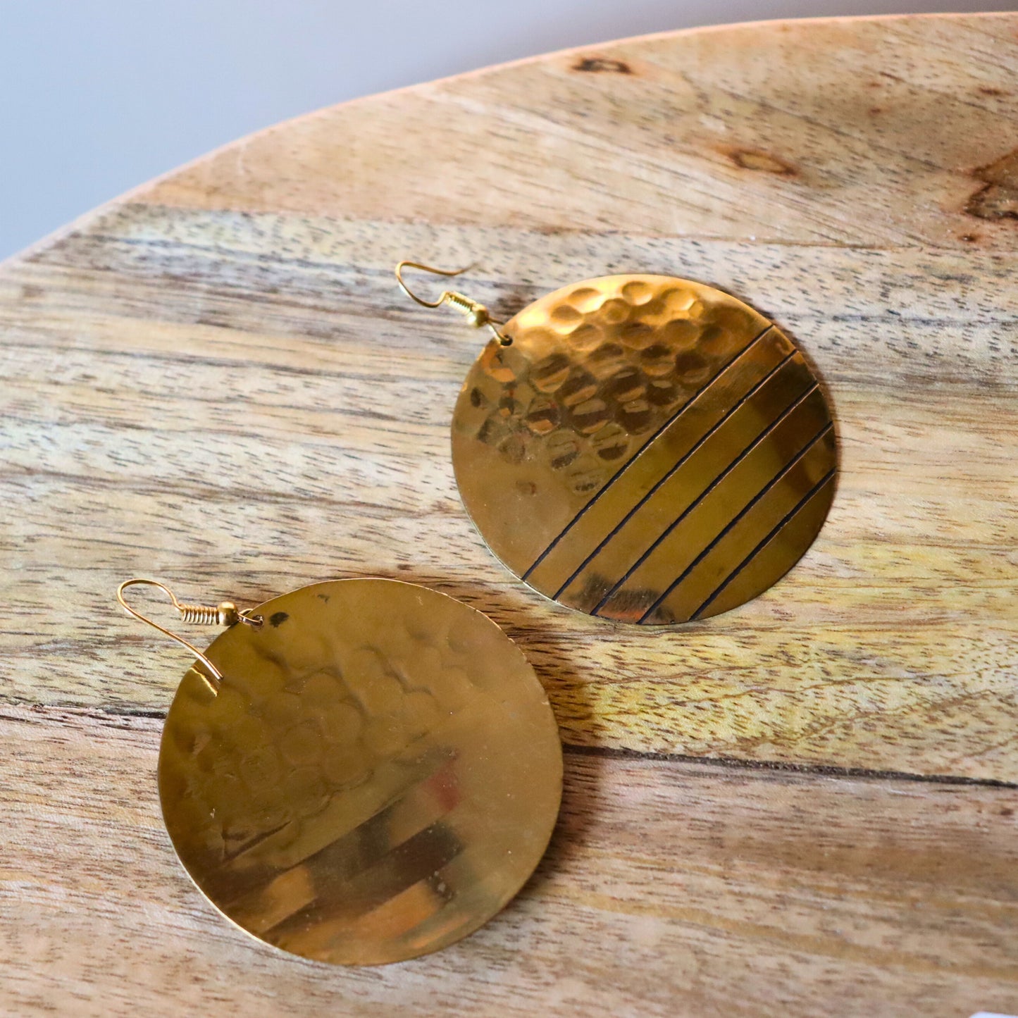 Statement Disc Round Hoop Brass Earrings, Hammered, Earthy Look, Classic Style - Aksa Home Decor