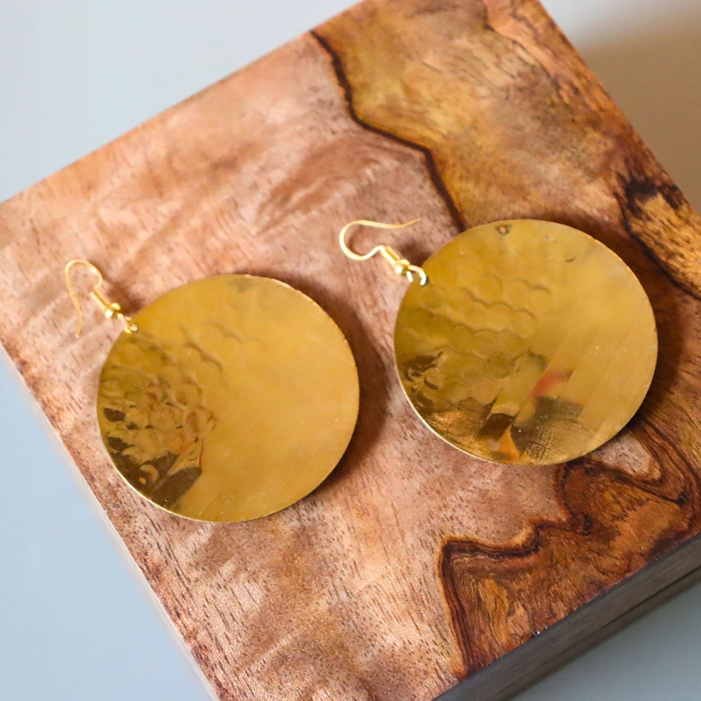 Statement Disc Round Hoop Brass Earrings, Hammered, Earthy Look, Classic Style - Aksa Home Decor