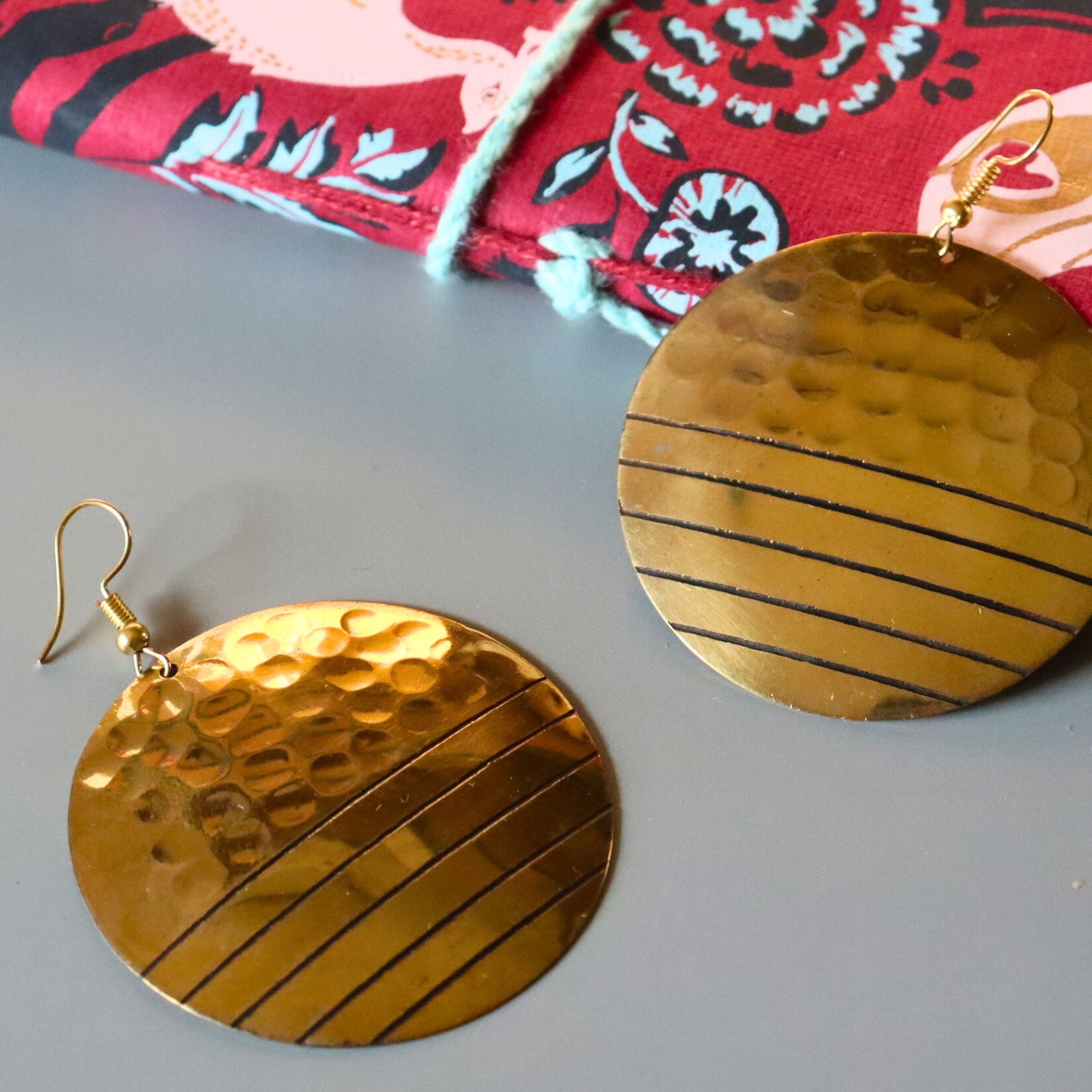 Statement Disc Round Hoop Brass Earrings, Hammered, Earthy Look, Classic Style - Aksa Home Decor