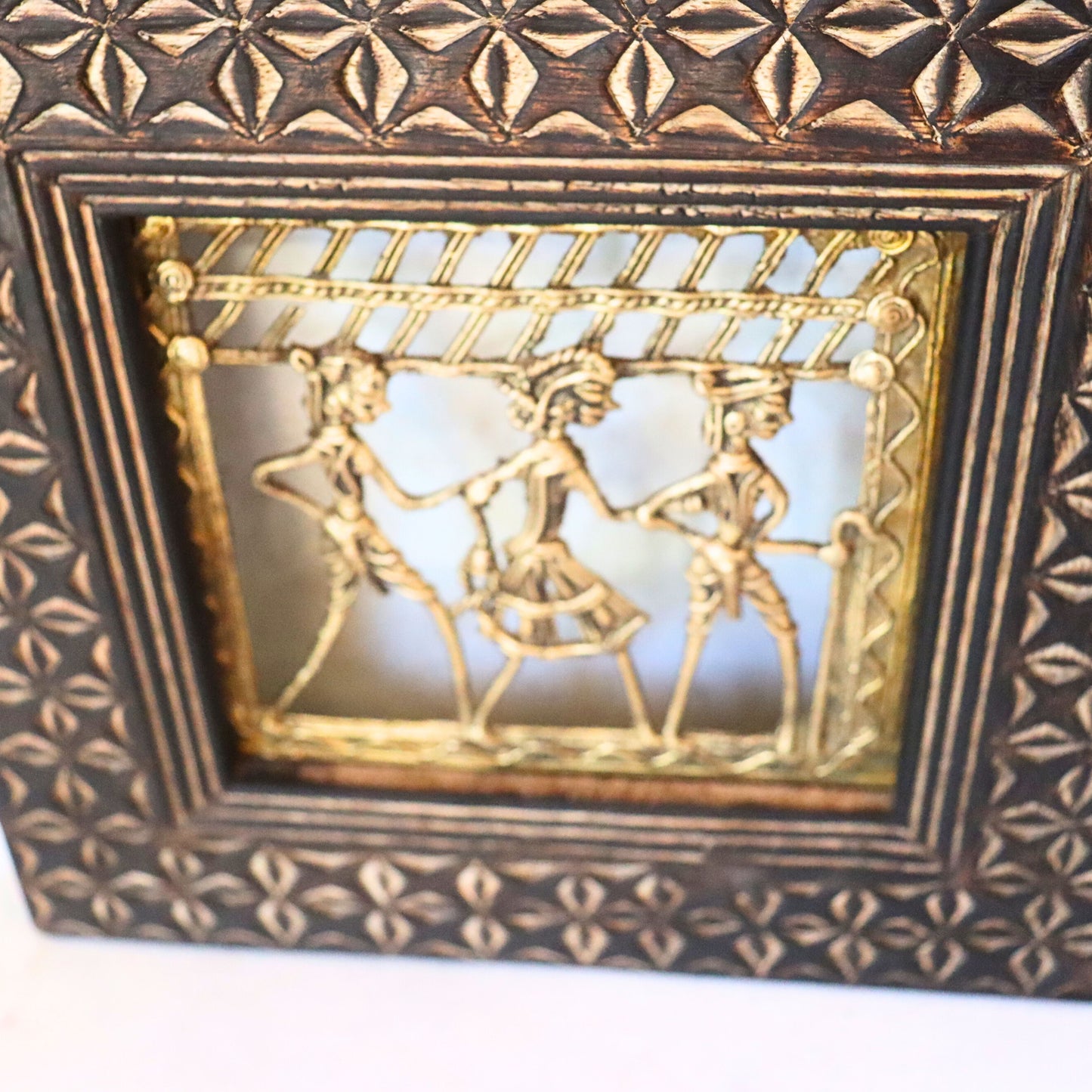 Brass Tribal Art in Wood Frame - Square, Wall Hanging, Ethnic Decor - Aksa Home Decor