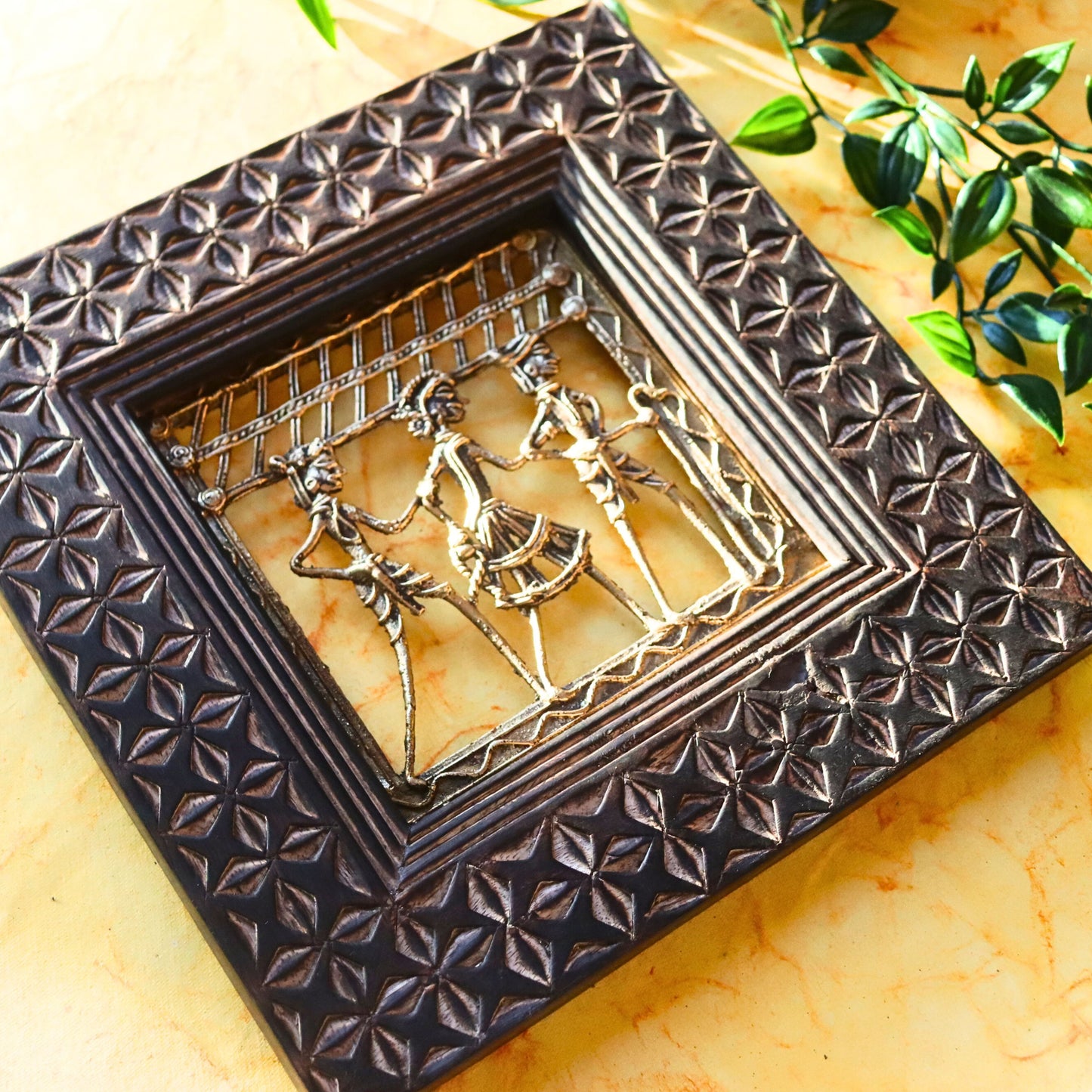 Brass Tribal Art in Wood Frame - Square, Wall Hanging, Ethnic Decor - Aksa Home Decor