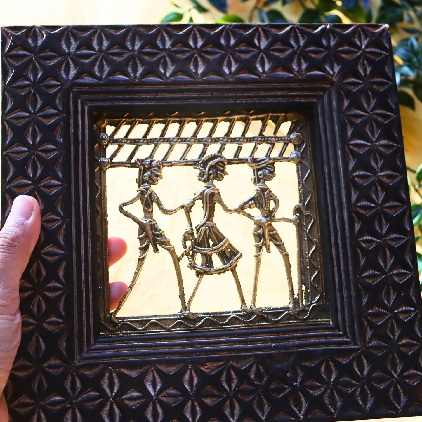 Brass Tribal Art in Wood Frame - Square, Wall Hanging, Ethnic Decor - Aksa Home Decor