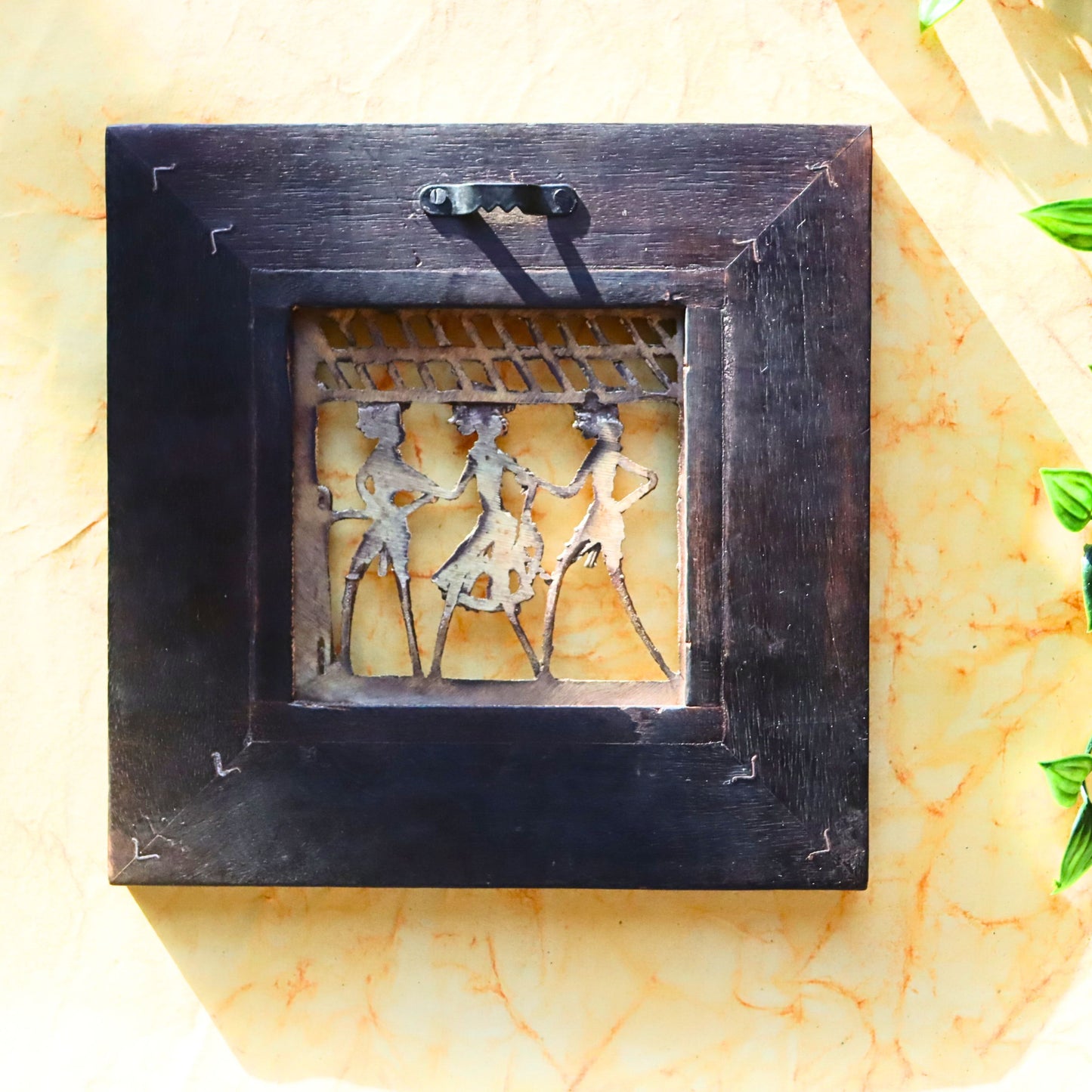 Brass Tribal Art in Wood Frame - Square, Wall Hanging, Ethnic Decor - Aksa Home Decor
