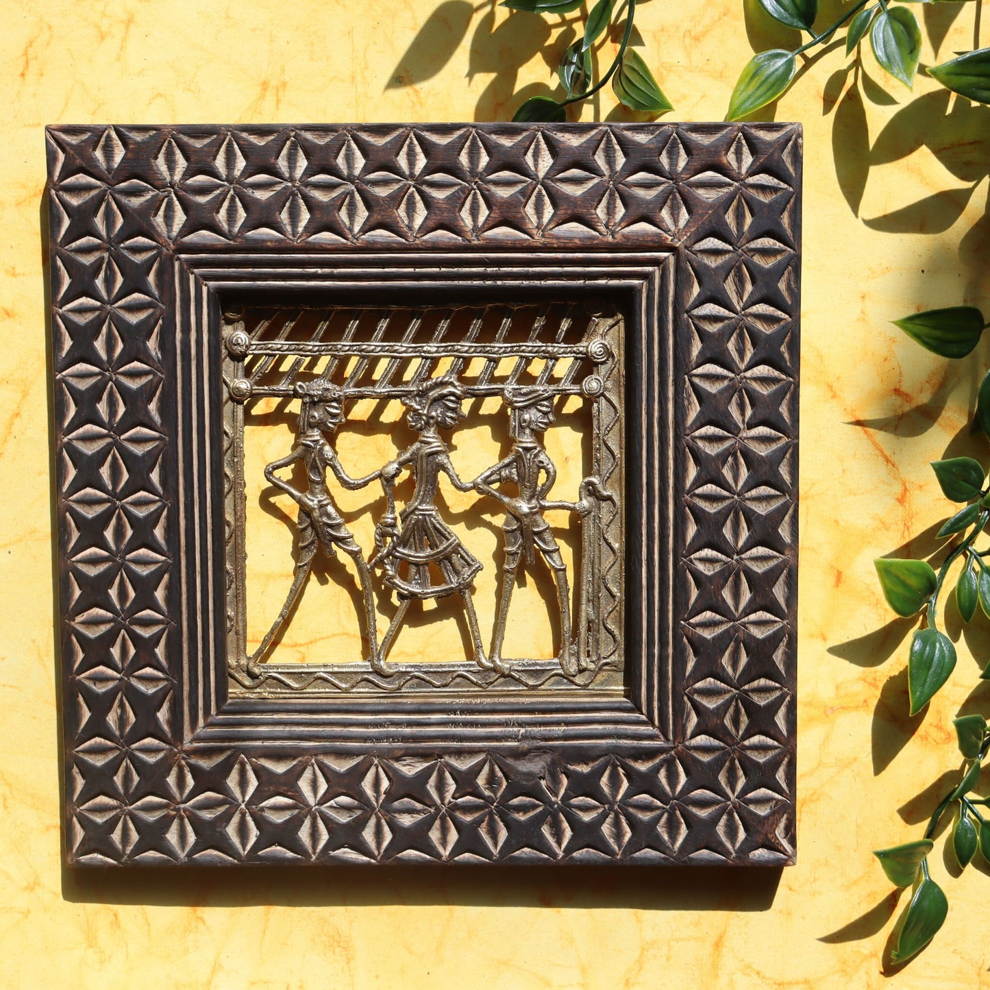 Brass Tribal Art in Wood Frame - Square, Wall Hanging, Ethnic Decor - Aksa Home Decor