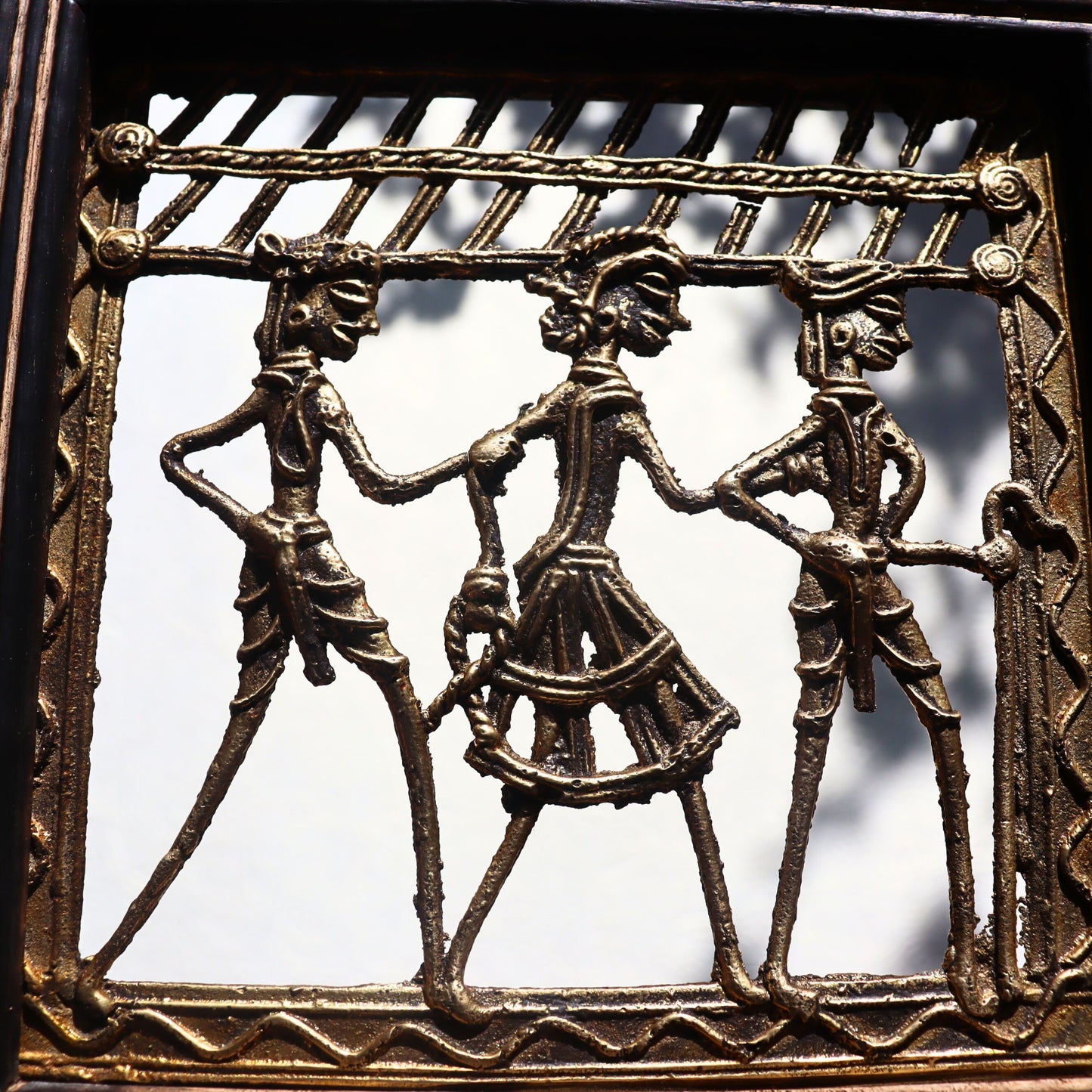 Brass Tribal Art in Wood Frame - Square, Wall Hanging, Ethnic Decor - Aksa Home Decor