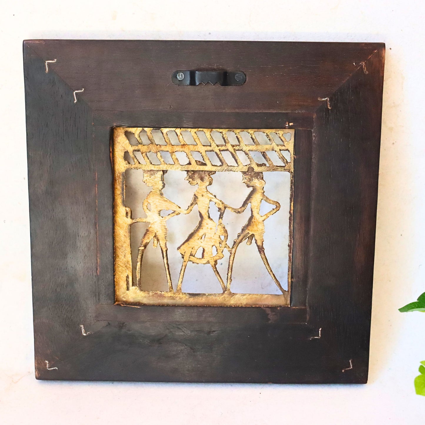 Brass Tribal Art in Wood Frame - Square, Wall Hanging, Ethnic Decor - Aksa Home Decor