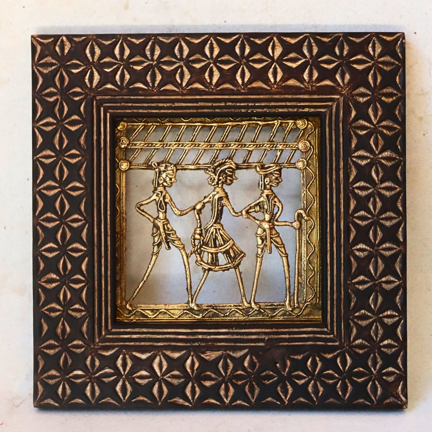 Brass Tribal Art in Wood Frame - Square, Wall Hanging, Ethnic Decor - Aksa Home Decor