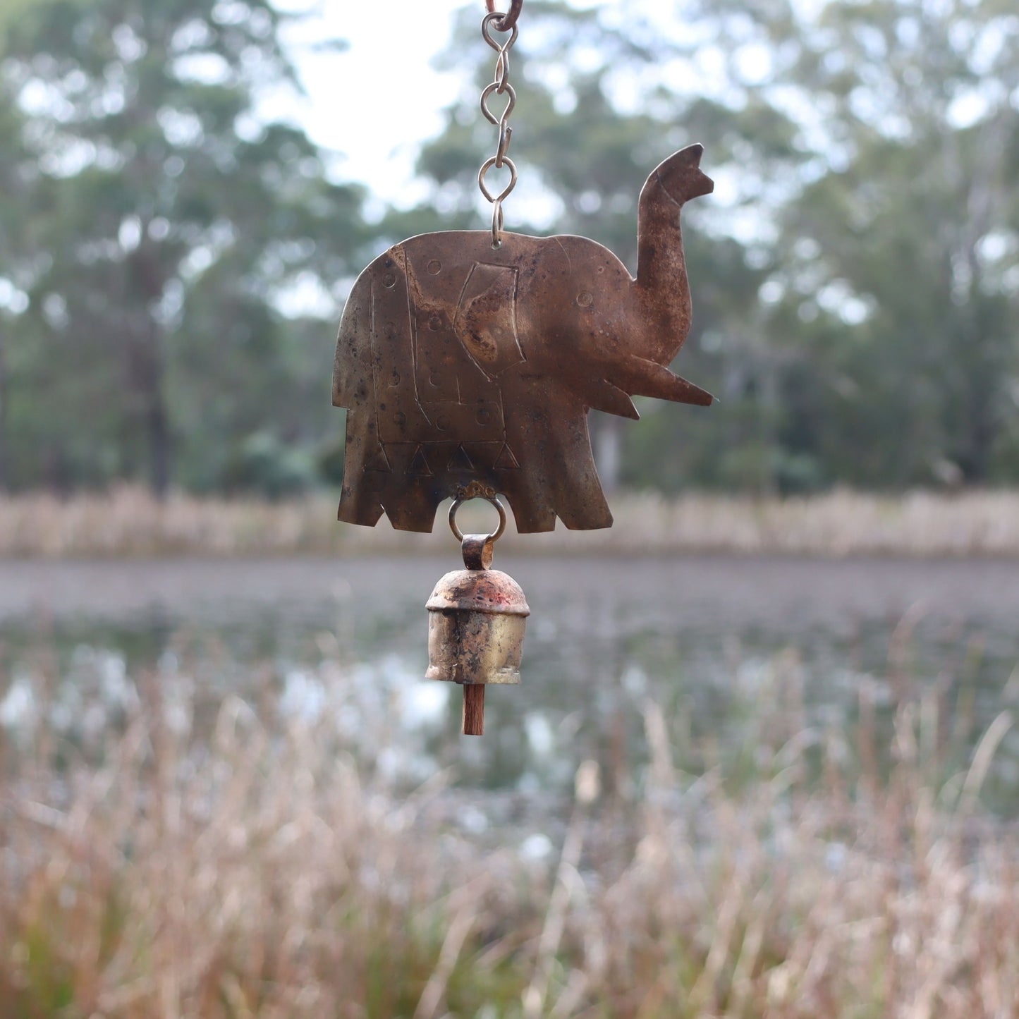 Elephant Decorative Chime with Bell, Rustic Hand-tuned Recycled Metal - Aksa Home Decor