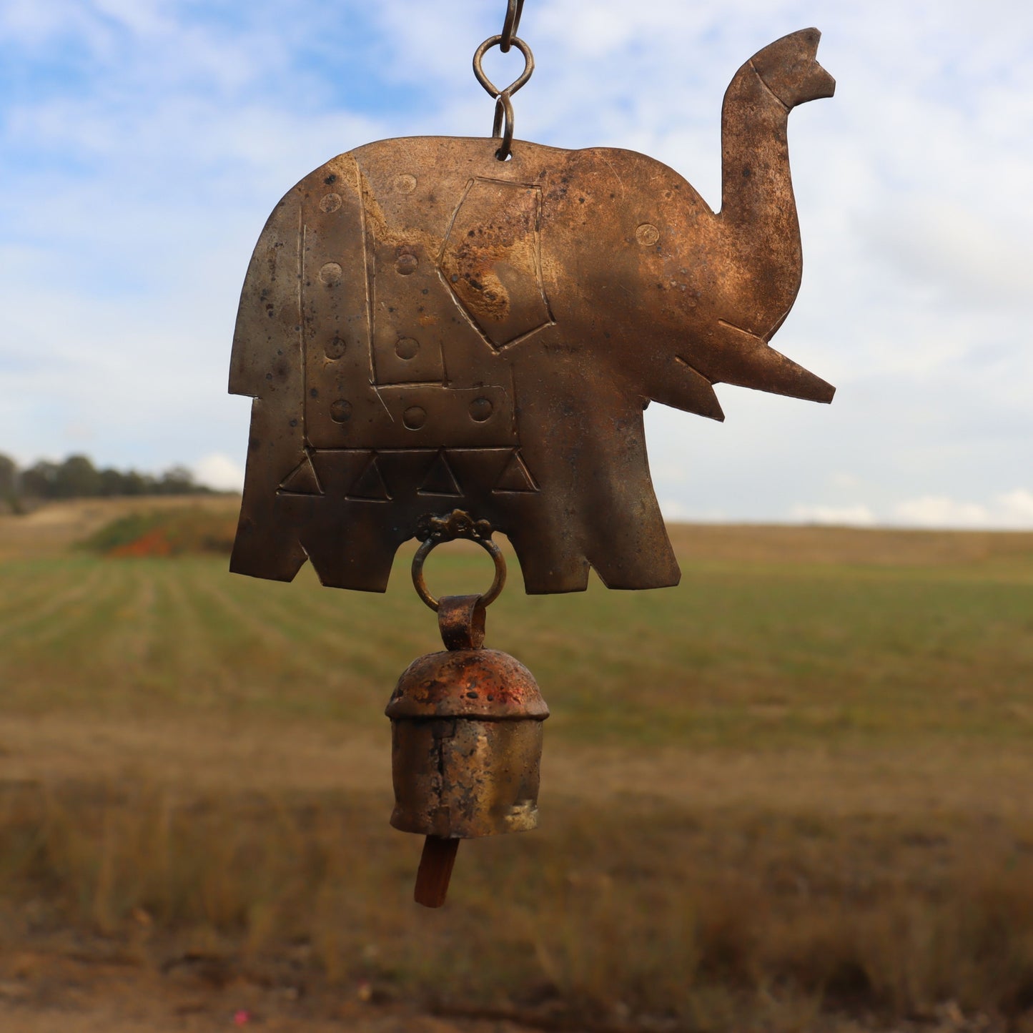 Elephant Decorative Chime with Bell, Rustic Hand-tuned Recycled Metal - Aksa Home Decor