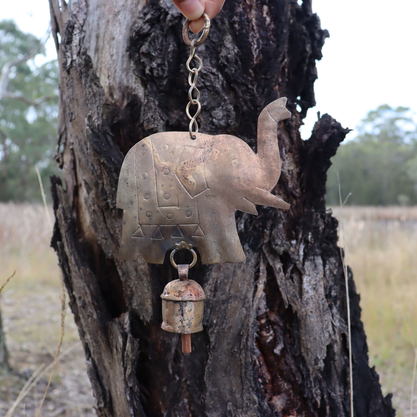 Elephant Decorative Chime with Bell, Rustic Hand-tuned Recycled Metal - Aksa Home Decor