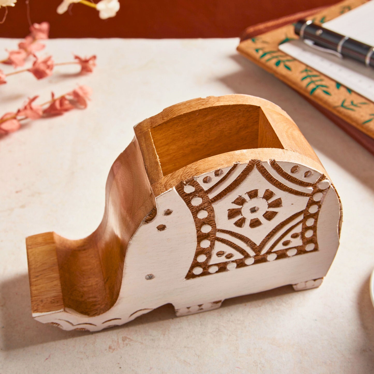 Elephant Pen Stand with Phone Dock, Handmade Wood Desk Organiser - Aksa Home Decor