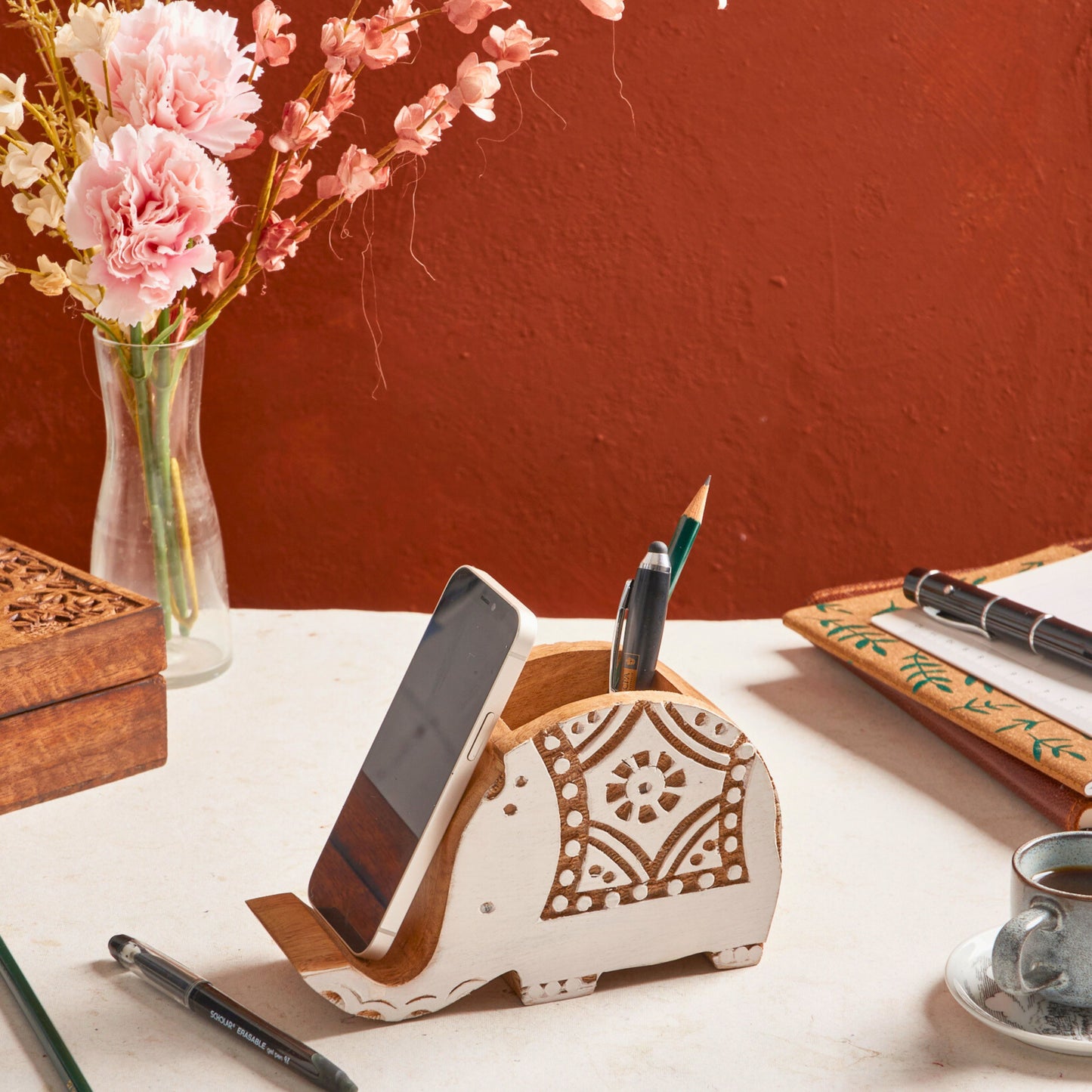 Elephant Pen Stand with Phone Dock, Handmade Wood Desk Organiser - Aksa Home Decor