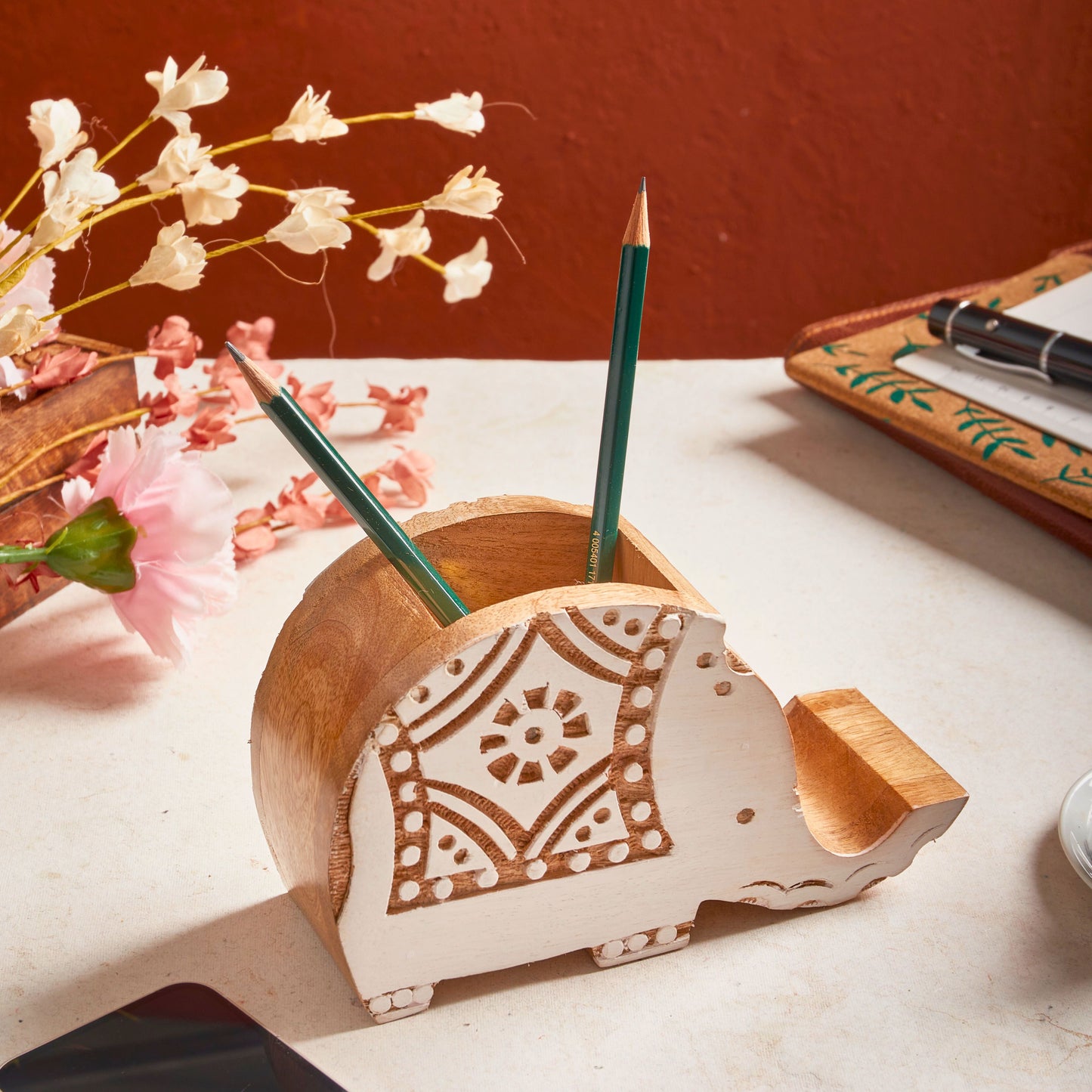 Elephant Pen Stand with Phone Dock, Handmade Wood Desk Organiser - Aksa Home Decor
