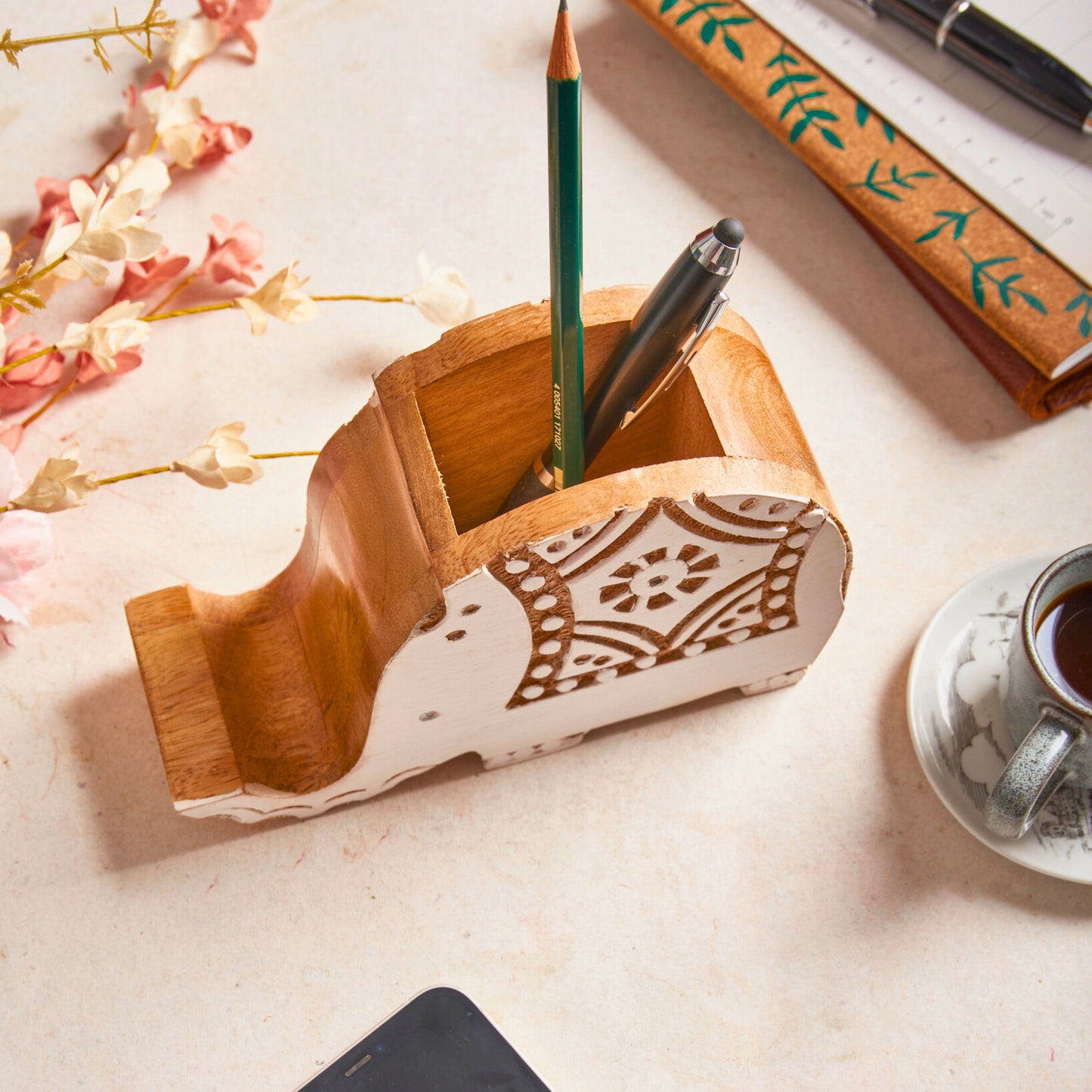 Elephant Pen Stand with Phone Dock, Handmade Wood Desk Organiser - Aksa Home Decor