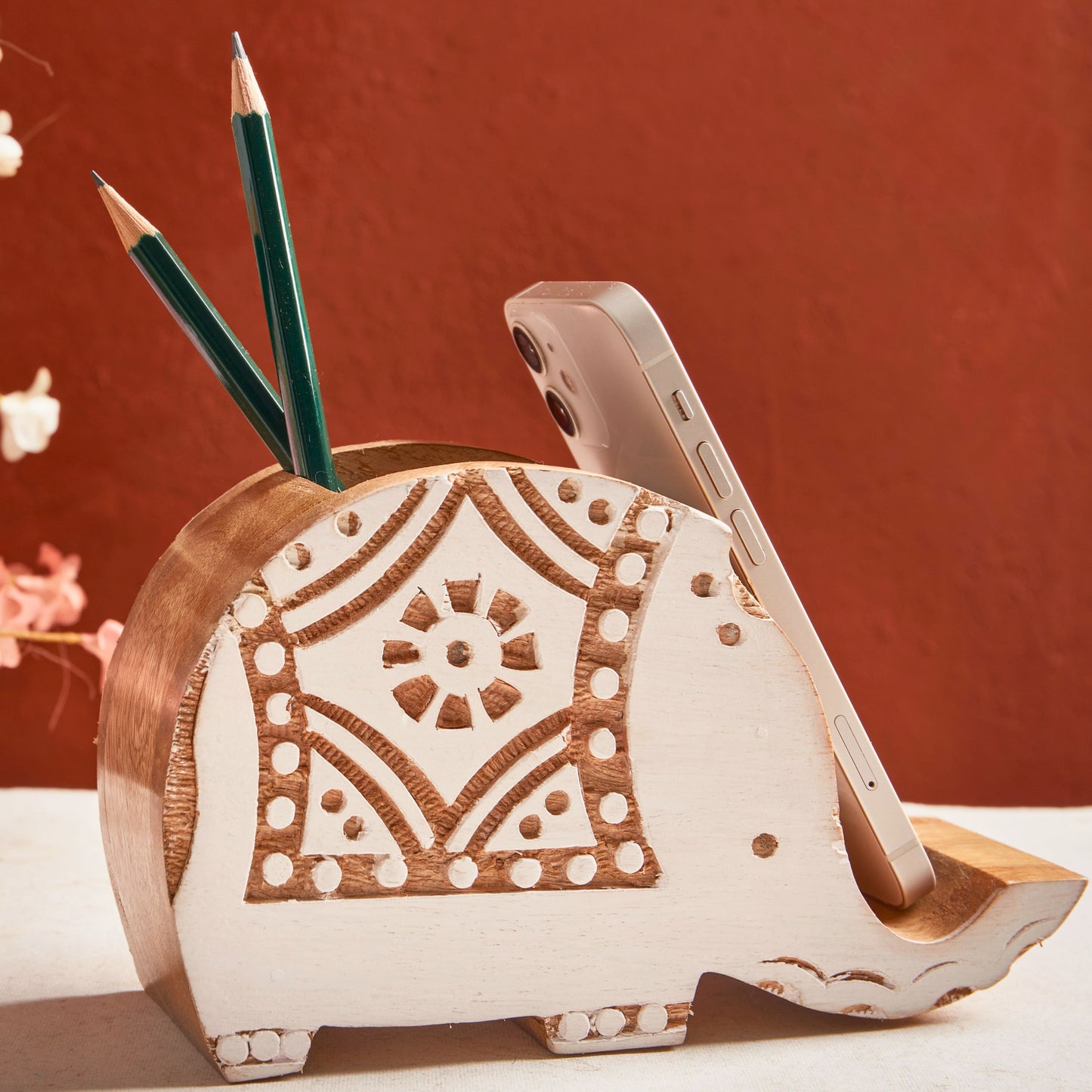 Elephant Pen Stand with Phone Dock, Handmade Wood Desk Organiser - Aksa Home Decor