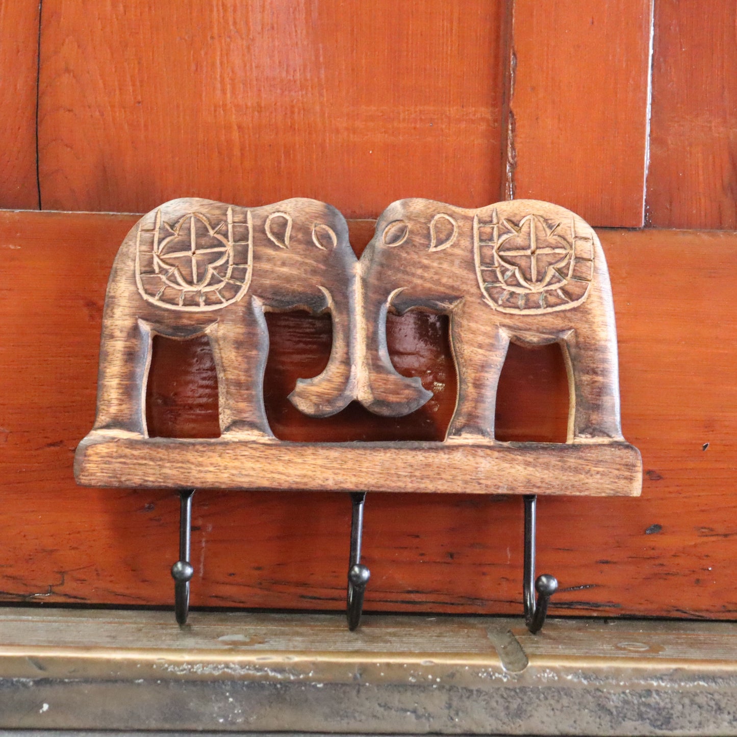 Elephant Wall Hook, 3 Black Metal Hanger, Hand carved Mango Wood - Aksa Home Decor