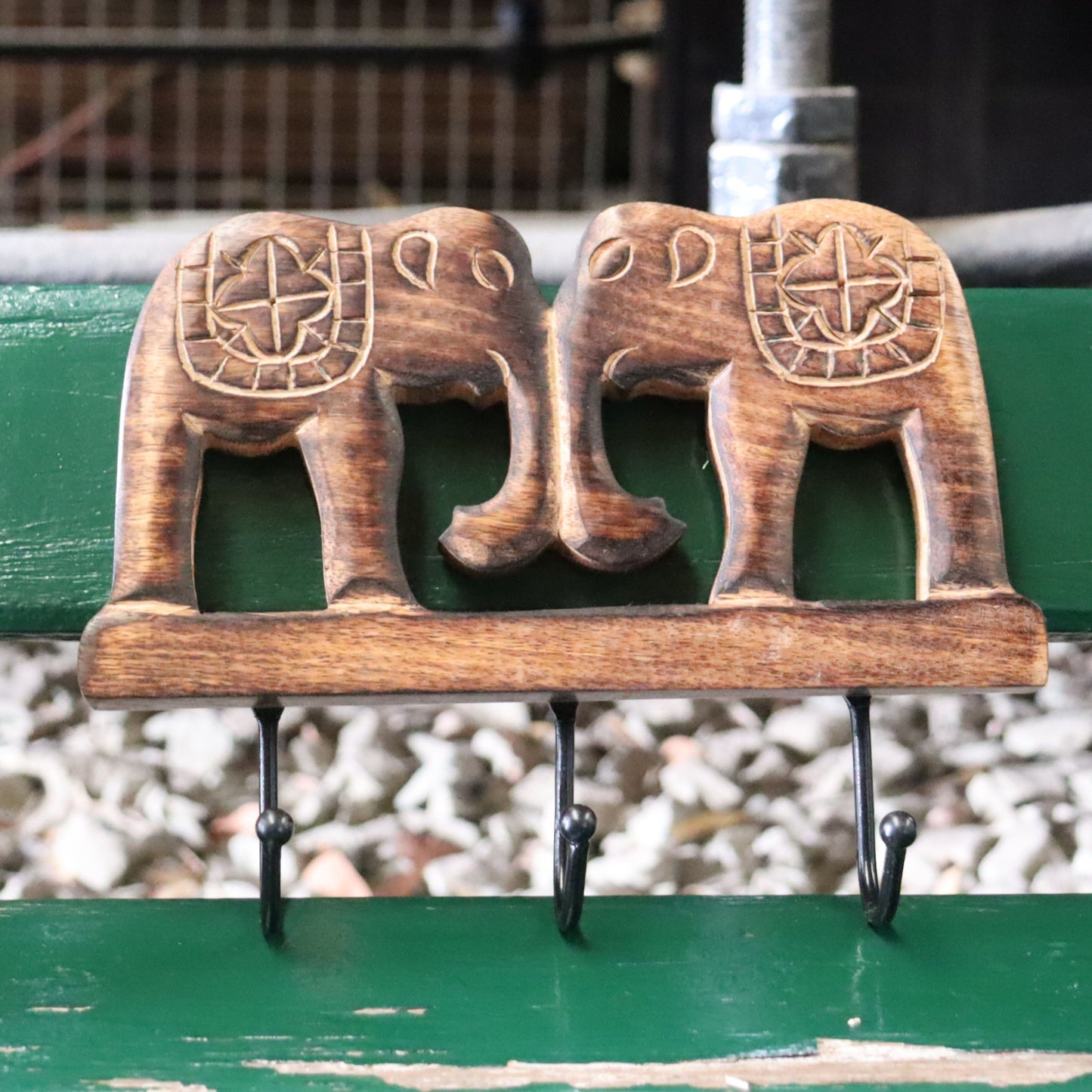 Elephant Wall Hook, 3 Black Metal Hanger, Hand carved Mango Wood - Aksa Home Decor