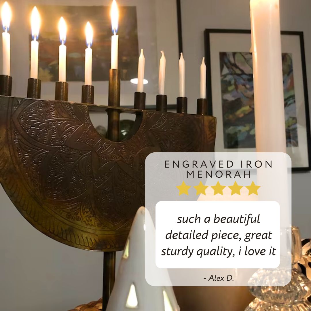 Engraved Iron Menorah, 9 Candle Chanukah, Jewish Hanukkah Lamp Holder - Aksa Home Decor