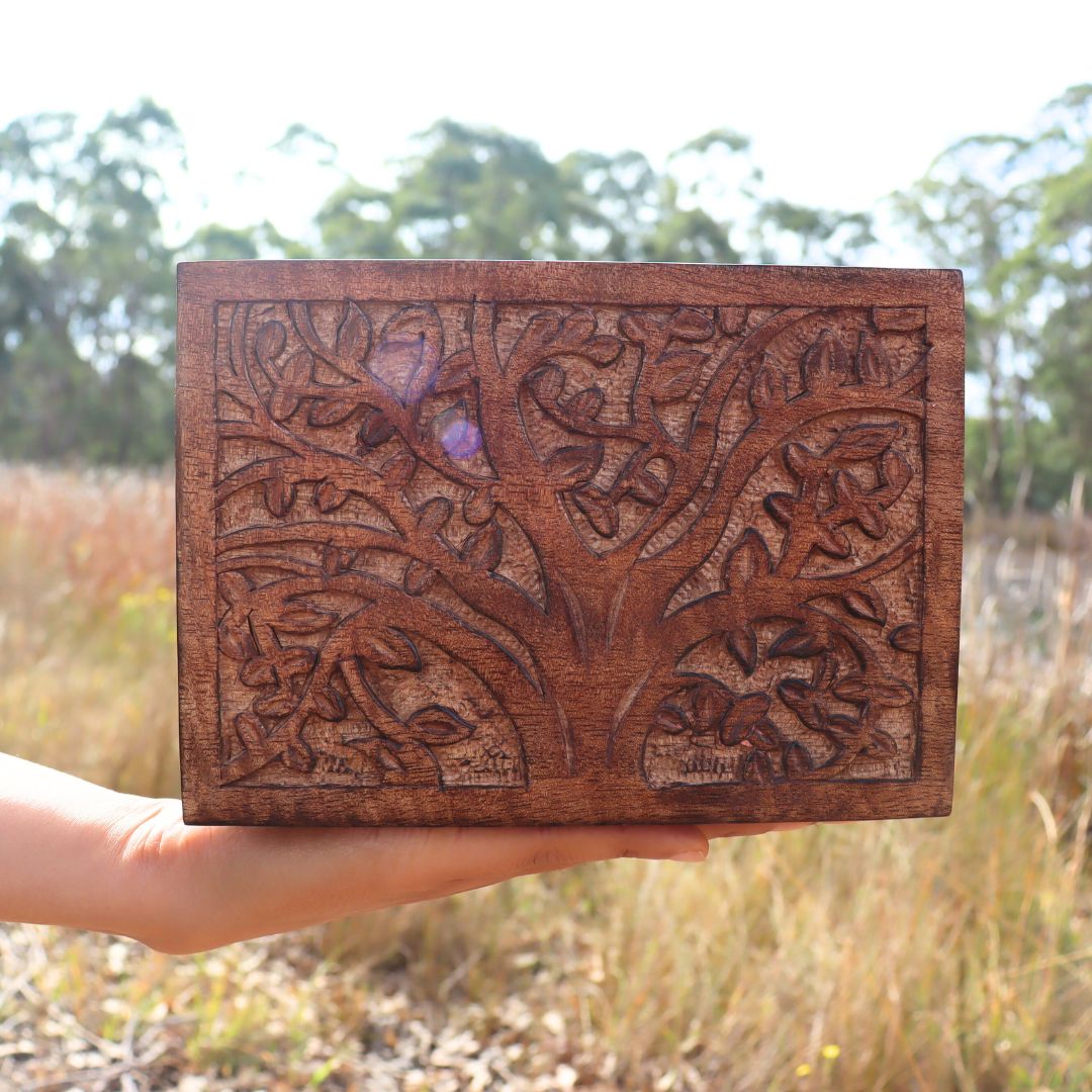 Tree of Life Wood Jewellery Keepsake Box - Rectangle, Compartment, Medium - Aksa Home Decor