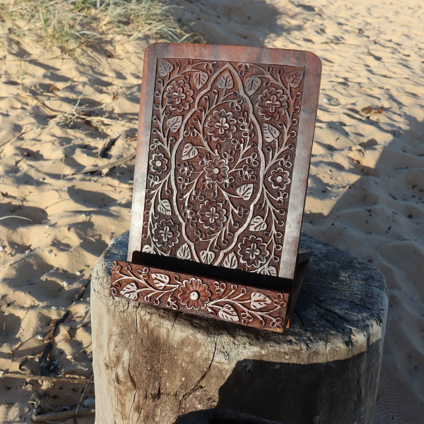 Floral Tablet Wooden Stand Holder, Countertop Meal Recipe Book Rest - Aksa Home Decor