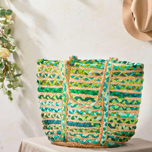 Green Cloth & Jute Tote Bag, Handmade Sustainable Shopping Bag - Aksa Home Decor