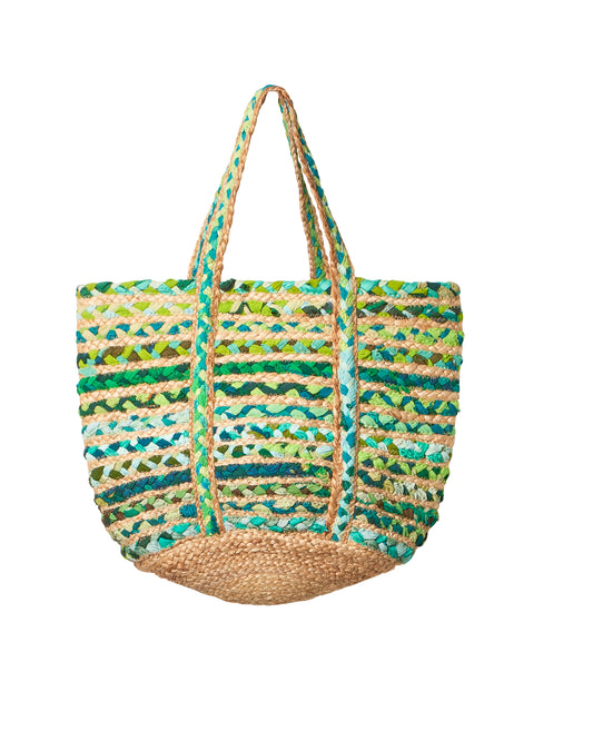 Green Cloth & Jute Tote Bag, Handmade Sustainable Shopping Bag - Aksa Home Decor