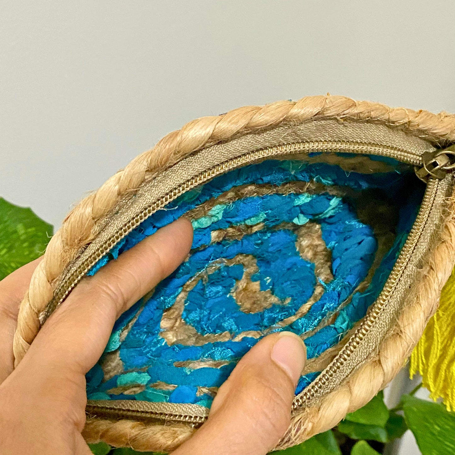 Green Cloth & Jute Clutch, Handmade Chindi Purse - Aksa Home Decor