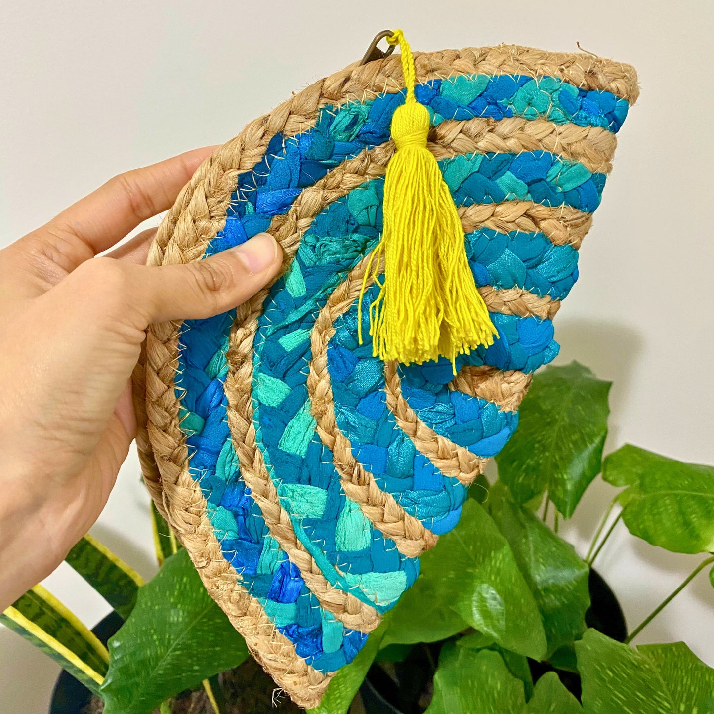 Green Cloth & Jute Clutch, Handmade Chindi Purse - Aksa Home Decor