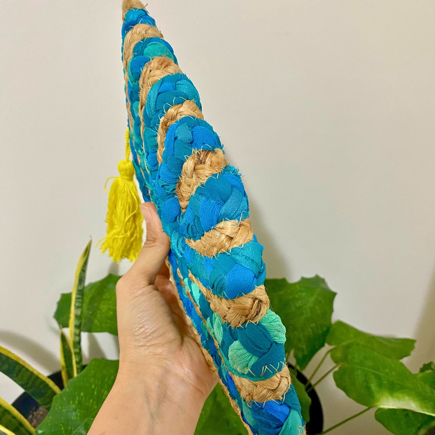 Green Cloth & Jute Clutch, Handmade Chindi Purse - Aksa Home Decor