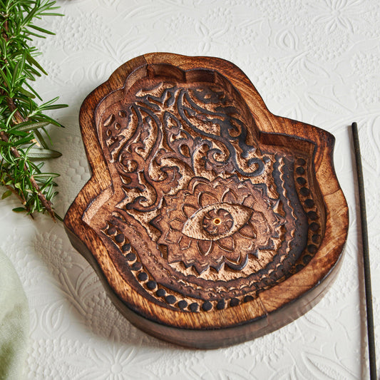 Hamsa Incense Holder Wooden, Burnt finish Ash Catcher Stick Burner - Aksa Home Decor