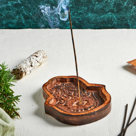 Hamsa Incense Holder Wooden, Burnt finish Ash Catcher Stick Burner - Aksa Home Decor