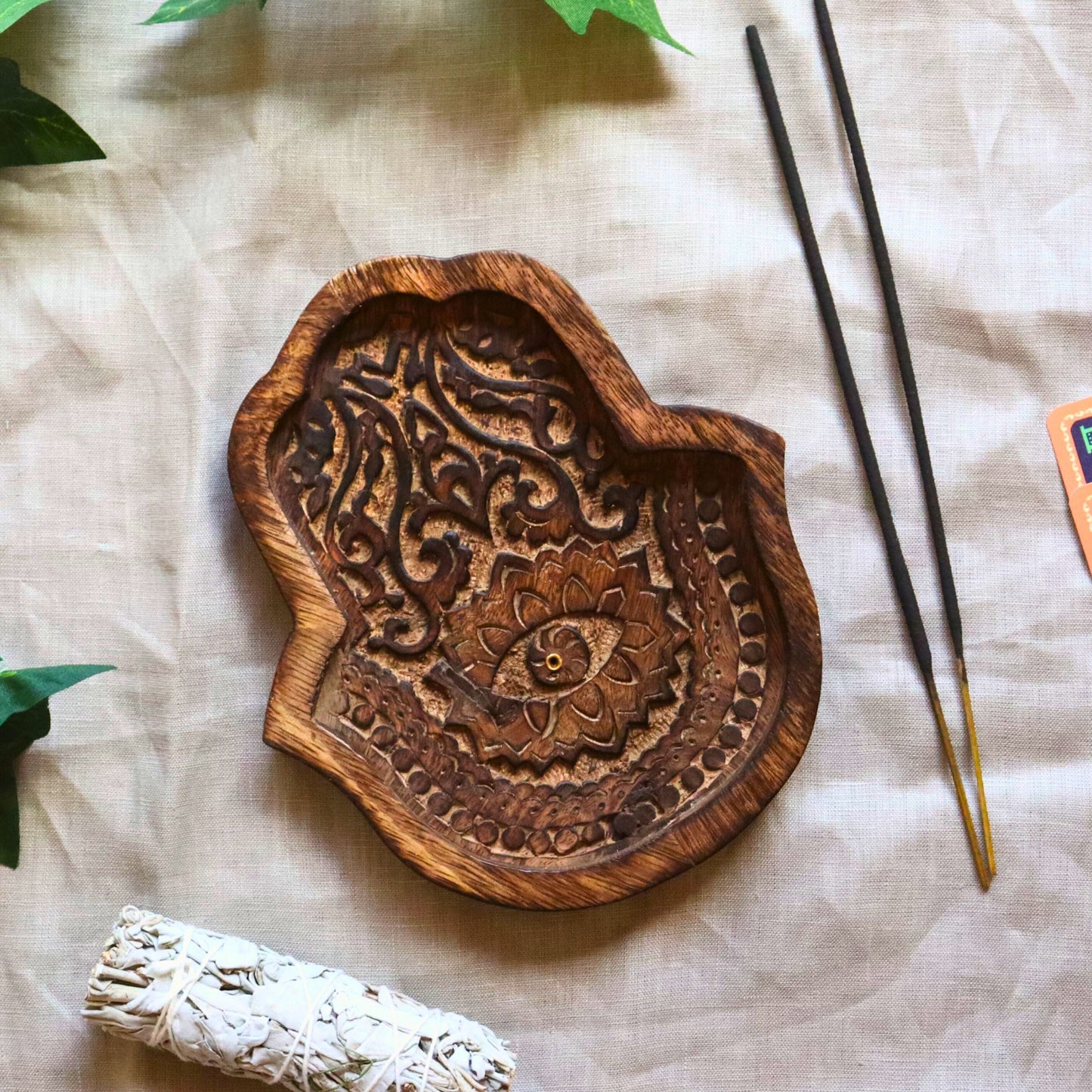 Hamsa Incense Holder Wooden, Burnt finish Ash Catcher Stick Burner - Aksa Home Decor