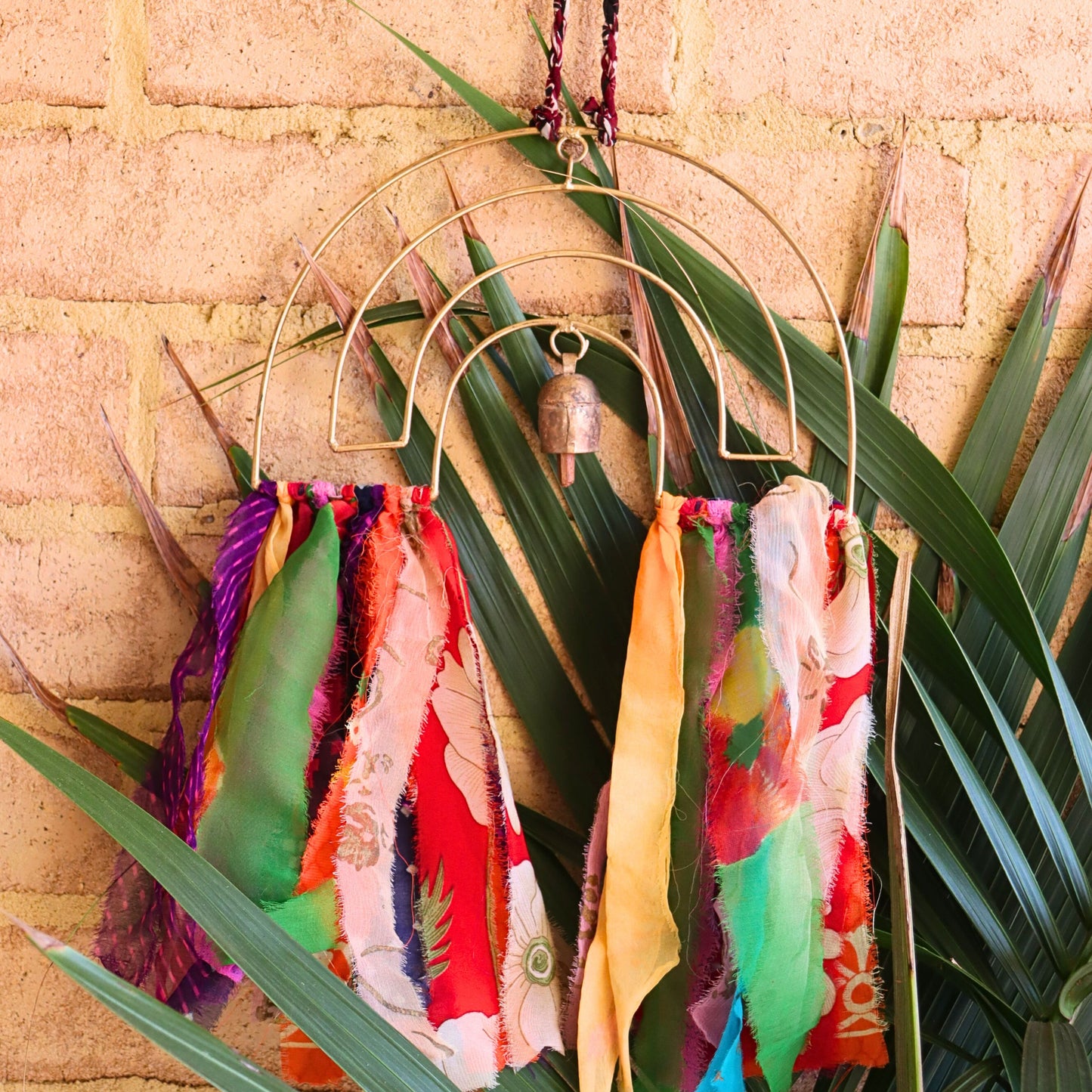 Handmade Rainbow Chime 15", Upcycled Textile & Metal Home Wall Decor - Aksa Home Decor