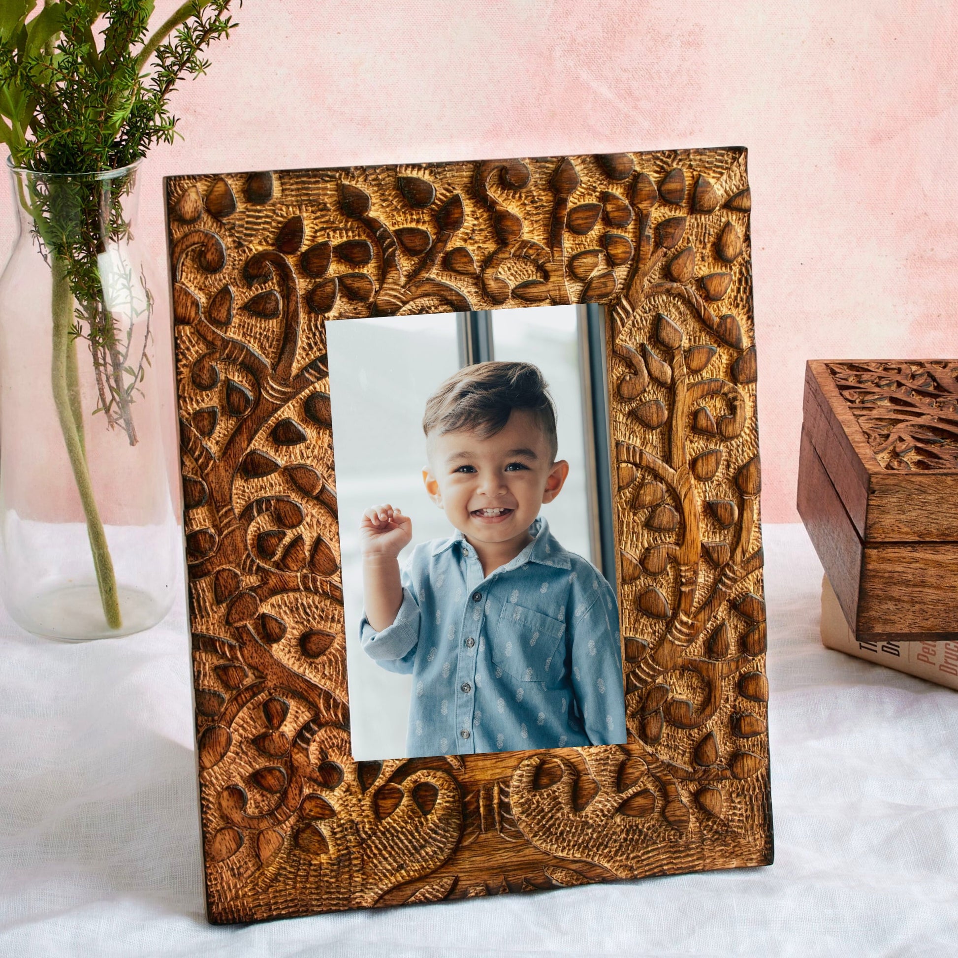 Tree of Life Wood Photo Frame - 6" x 4" Picture, Portrait, Desk Display, Bohemian - Aksa Home Decor