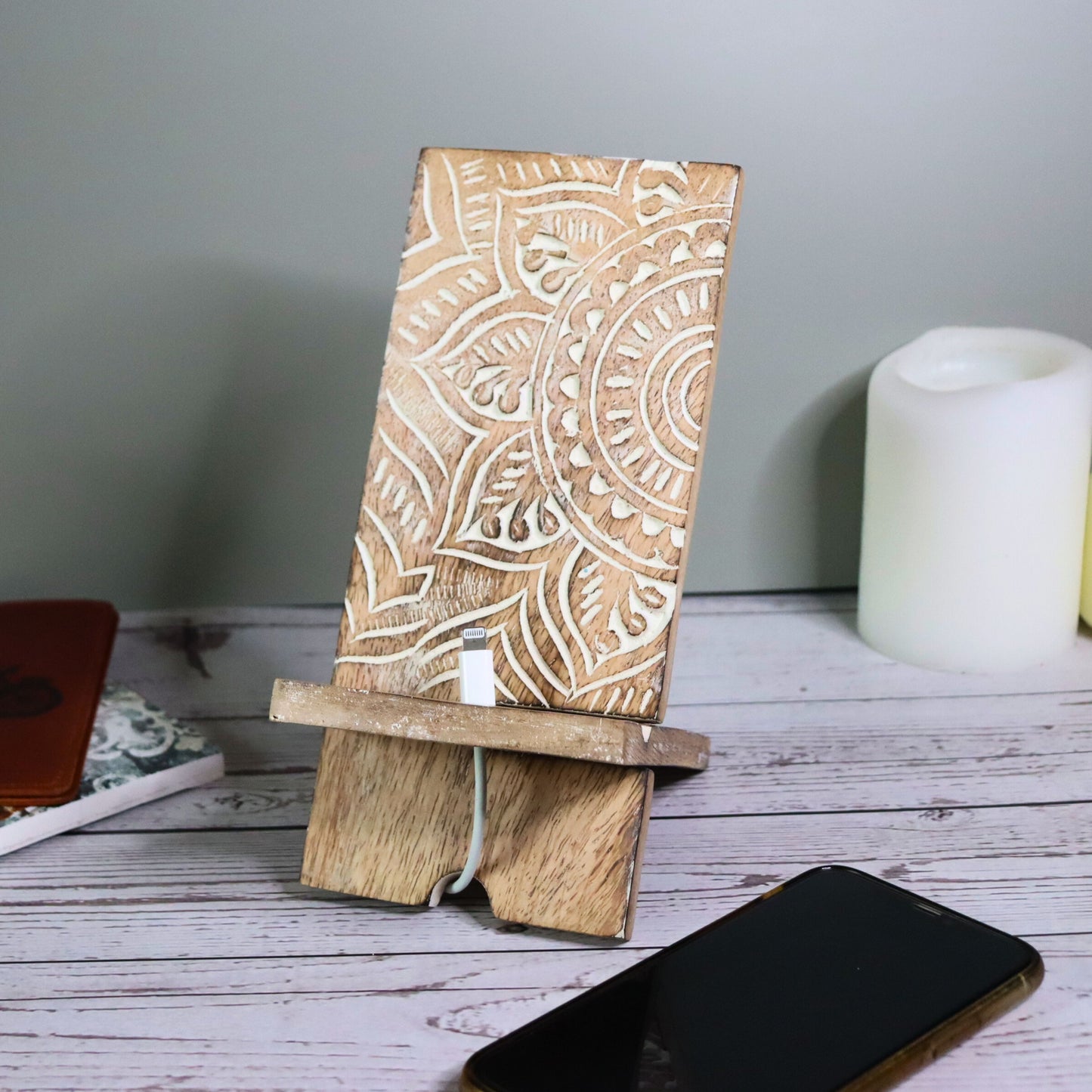 Mandala Smartphone Dock, Collapsible Wood Stand Phone Docking Station - Aksa Home Decor