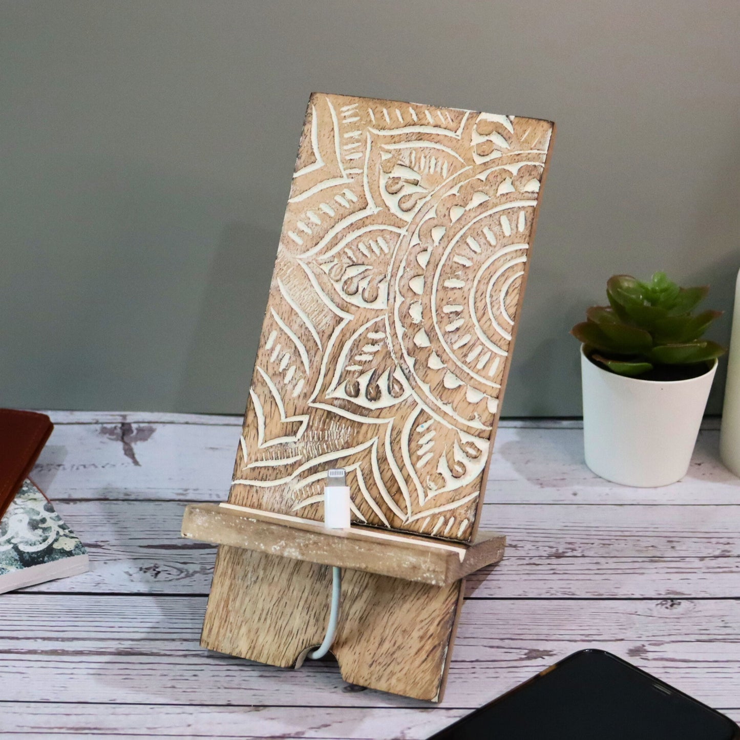 Mandala Smartphone Dock, Collapsible Wood Stand Phone Docking Station - Aksa Home Decor