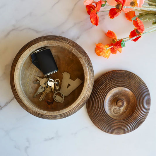 Mango Wood Round Box with Lid - Hand-Etched Striped Detailing